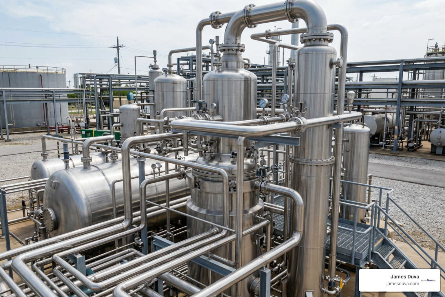 Chemical process facility showing seamless nickel alloy reactor piping runs Chemical process facility showing seamless nickel alloy reactor piping runs