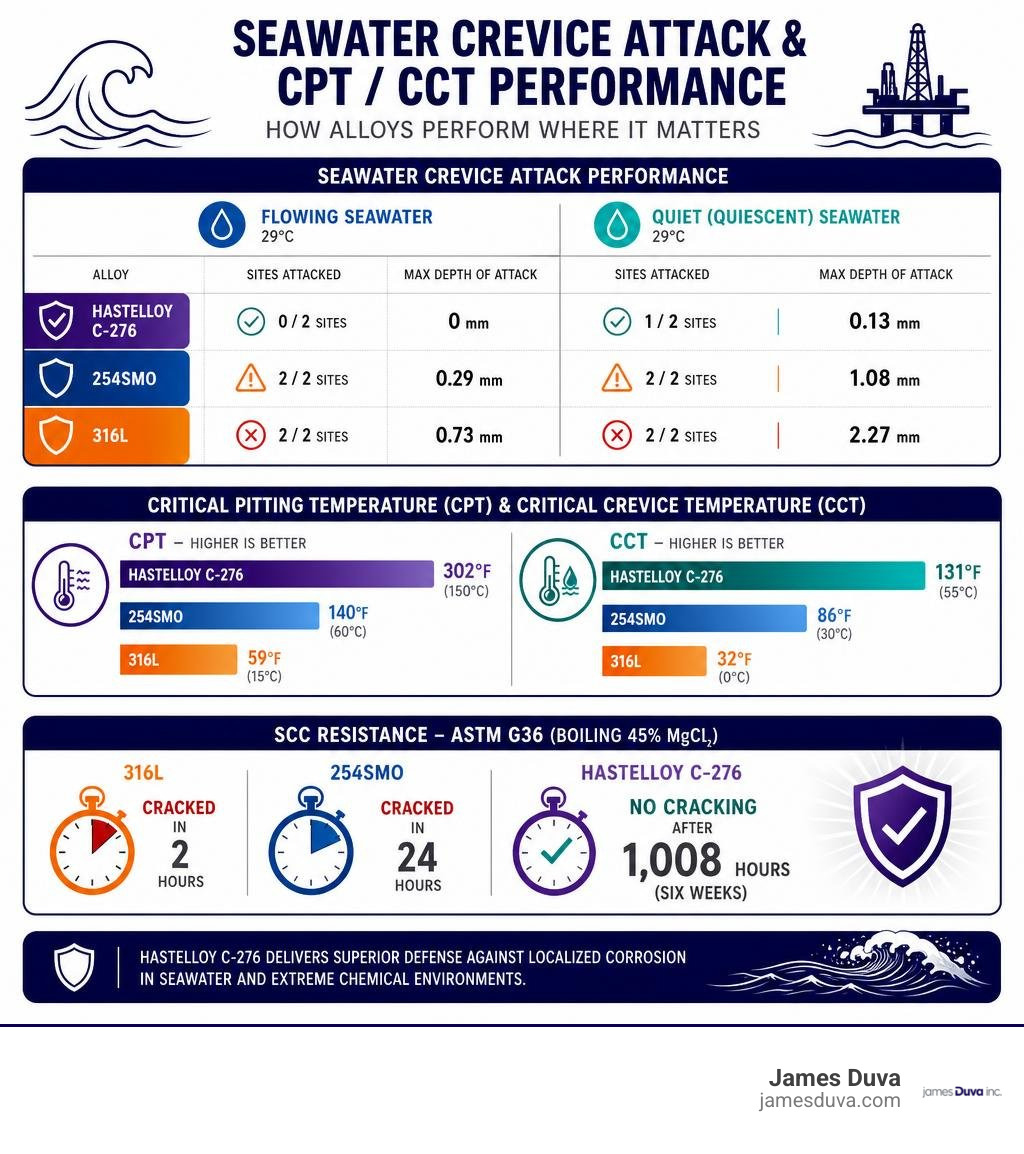 Infographic displaying seawater crevice attack depths and CPT CCT metrics across standard alloys infographic Infographic displaying seawater crevice attack depths and CPT CCT metrics across standard alloys infographic