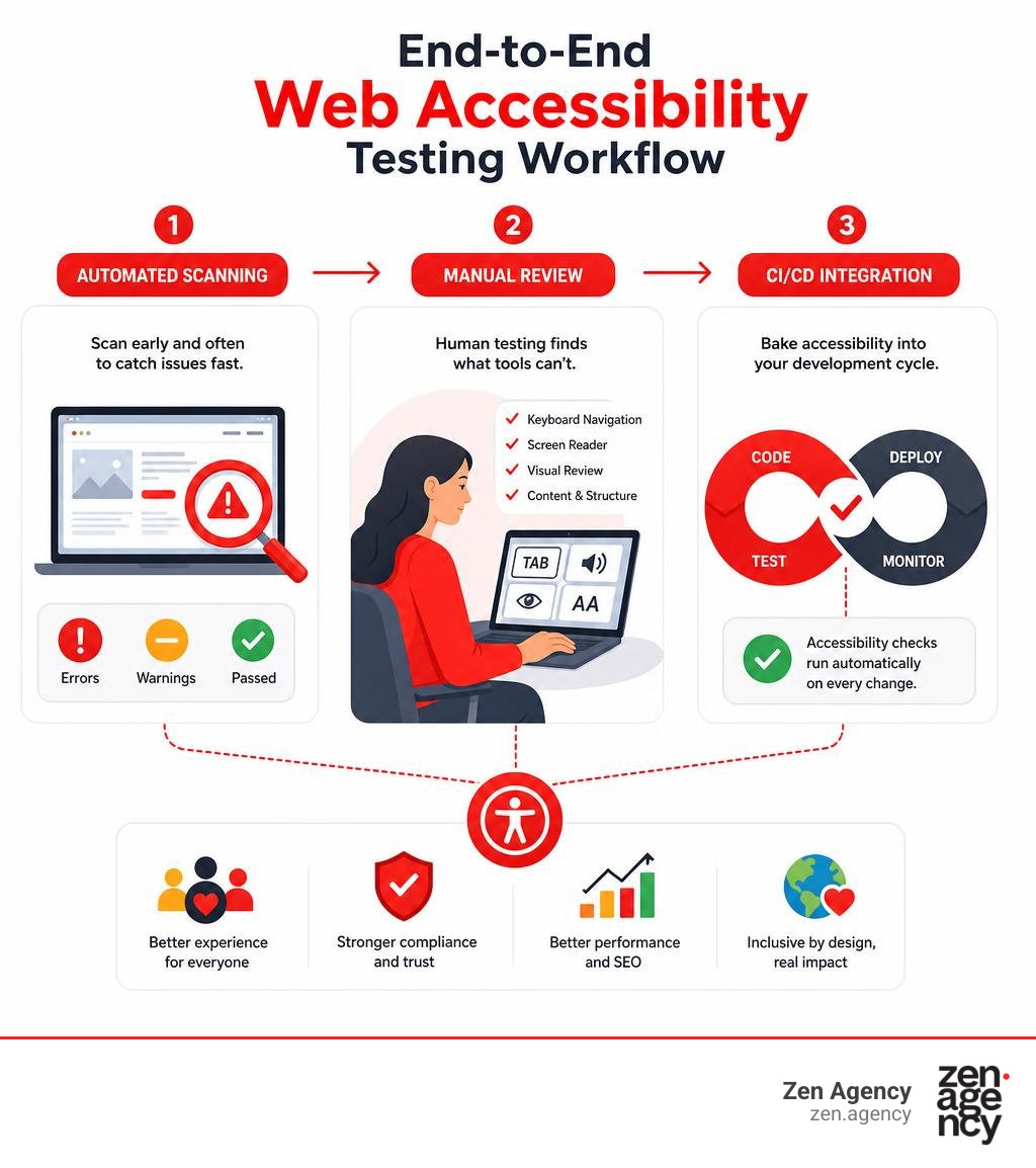 End-to-end web accessibility testing workflow from automated scanning to manual review to CI/CD integration infographic End-to-end web accessibility testing workflow from automated scanning to manual review to CI/CD integration infographic