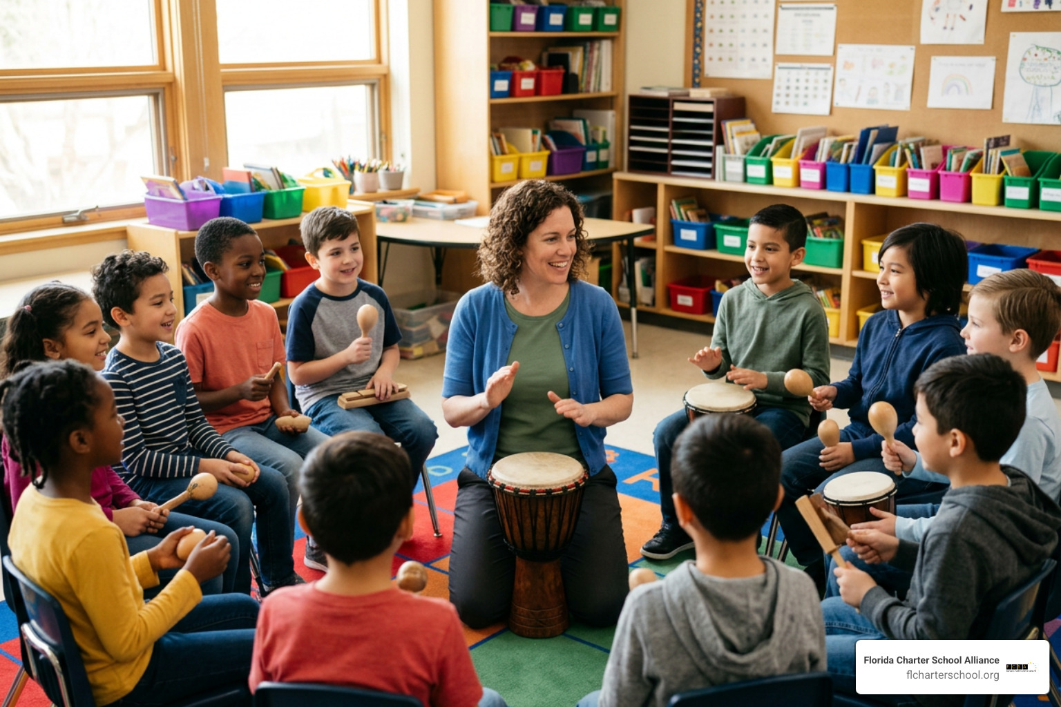 Teaching artist leading an interactive music residency in an elementary school classroom Teaching artist leading an interactive music residency in an elementary school classroom