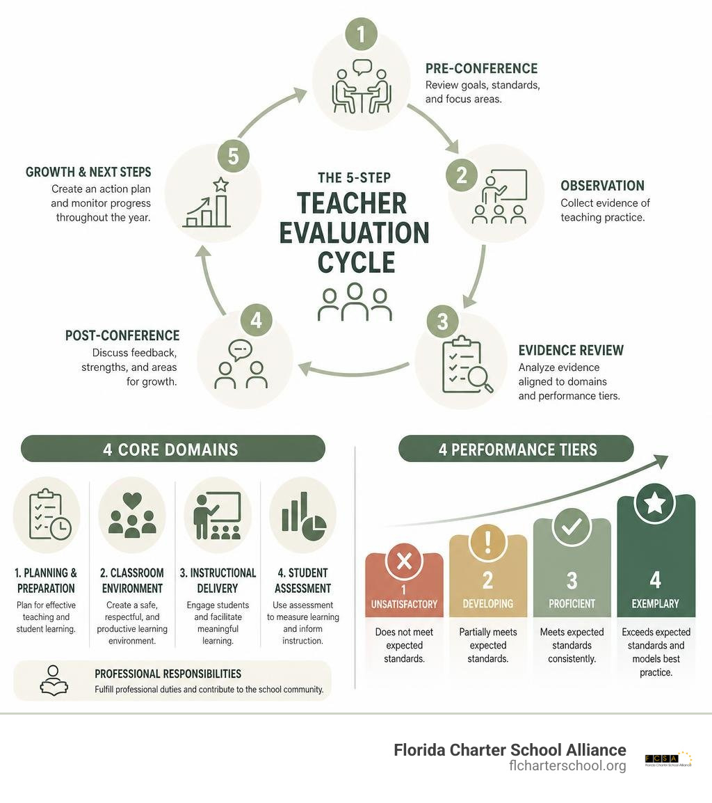 Infographic showing the 5-step teacher evaluation cycle with domains and performance tiers infographic Infographic showing the 5-step teacher evaluation cycle with domains and performance tiers infographic