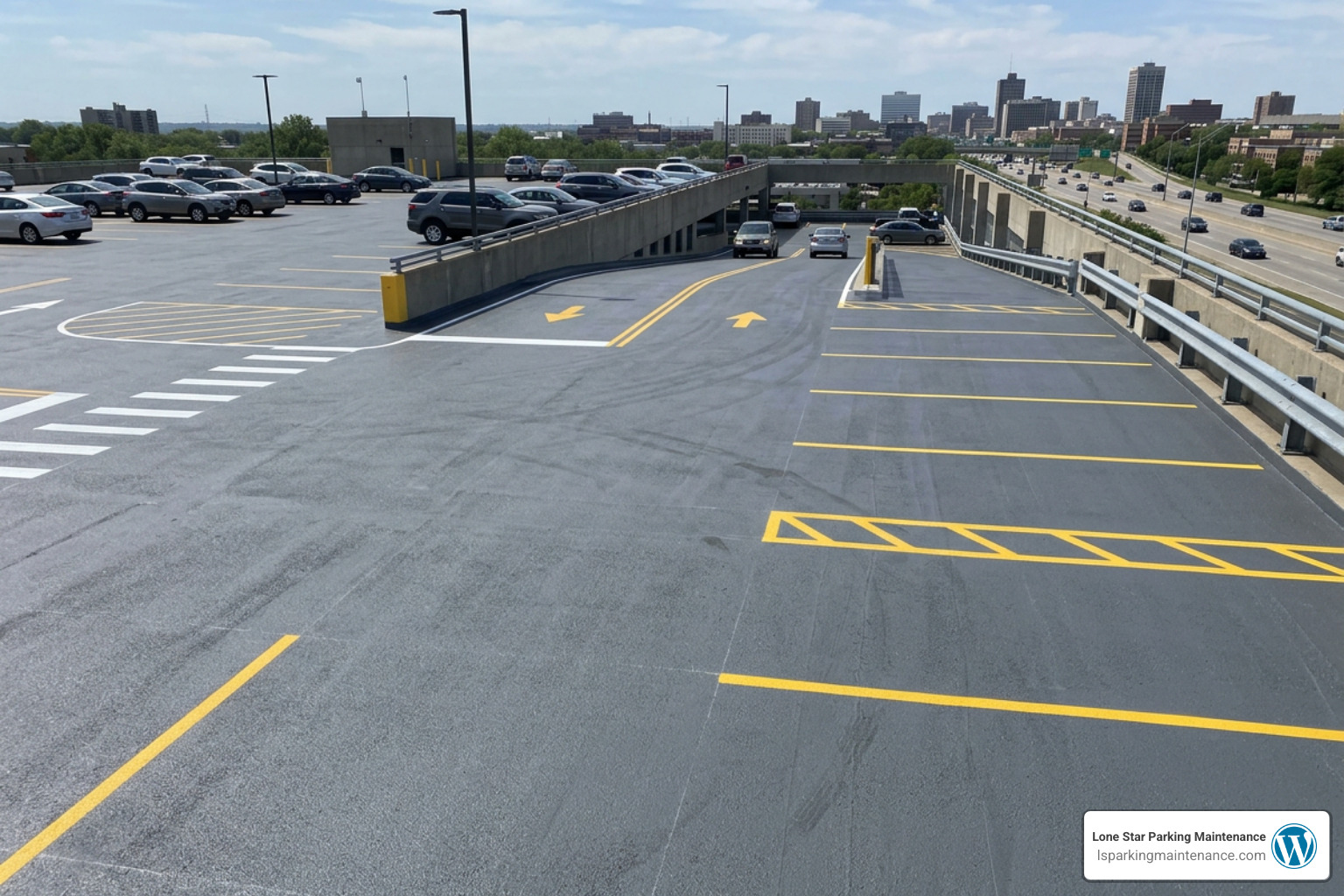 Finished waterproofed parking deck with sharp line striping and dynamic traffic wear resistance Finished waterproofed parking deck with sharp line striping and dynamic traffic wear resistance