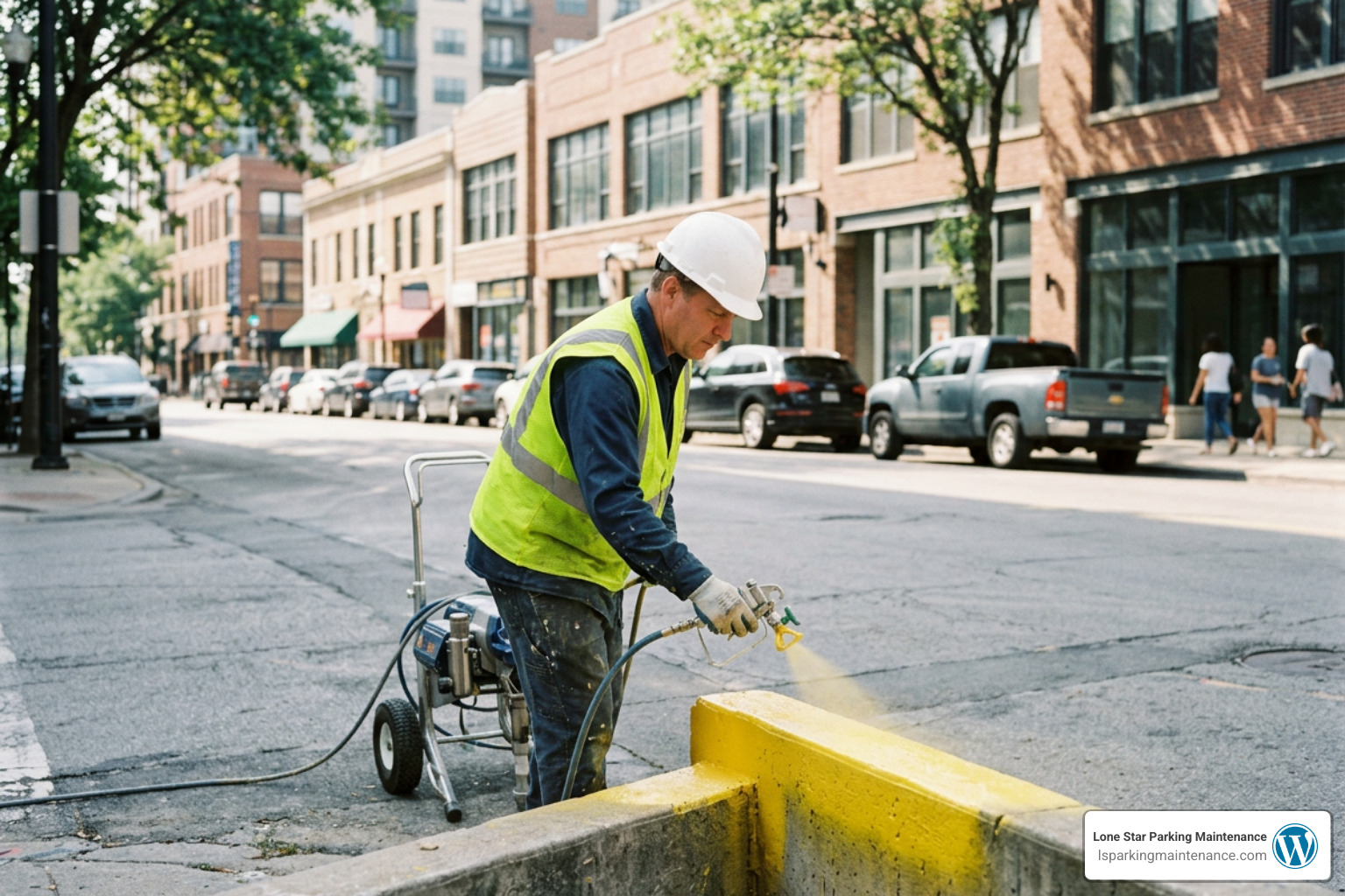contractor applying yellow paint on commercial concrete curb with an airless sprayer