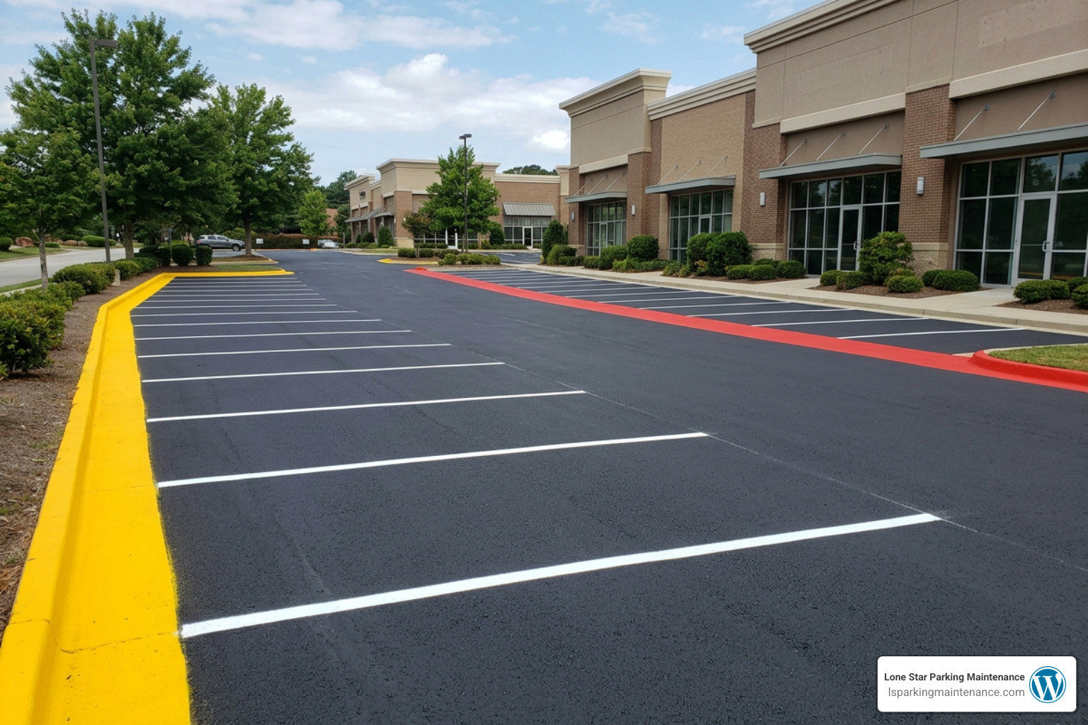 freshly painted commercial parking lot in DFW with crisp safety yellow and fire lane red curbs