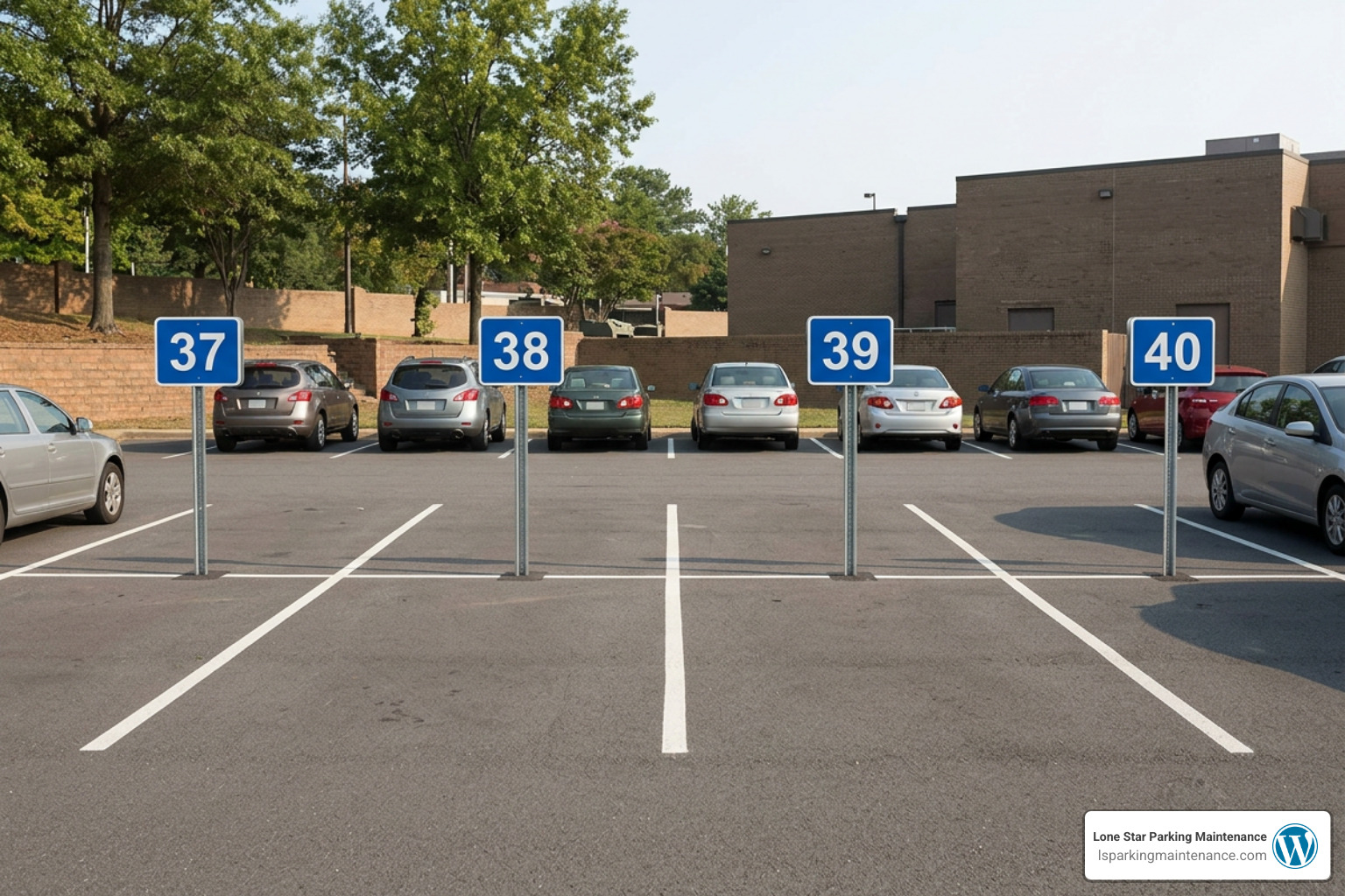 professionally maintained parking lot with clean line striping and numbered signs