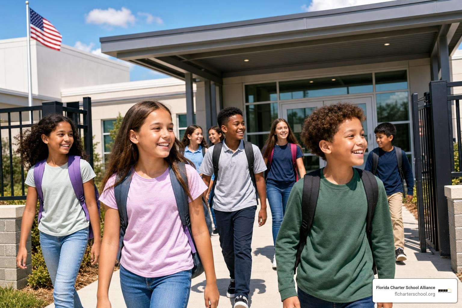 Happy students entering a public charter school campus Happy students entering a public charter school campus