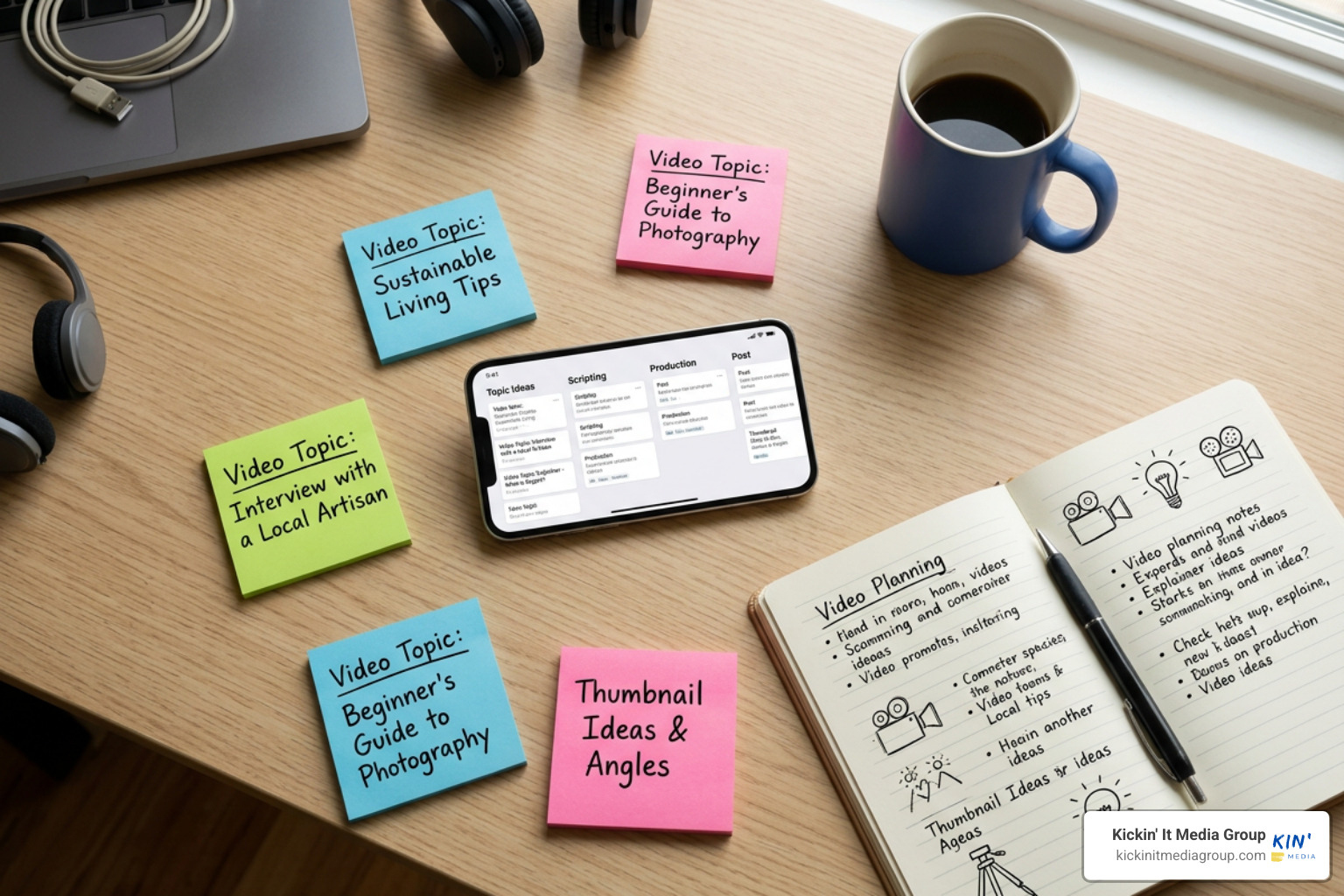 Video planning workflow screen displaying topic ideas and clip outlines Video planning workflow screen displaying topic ideas and clip outlines