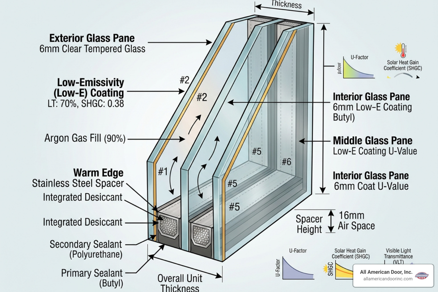 High performance insulated glass unit detail showing low-E coatings and spacer systems High performance insulated glass unit detail showing low-E coatings and spacer systems