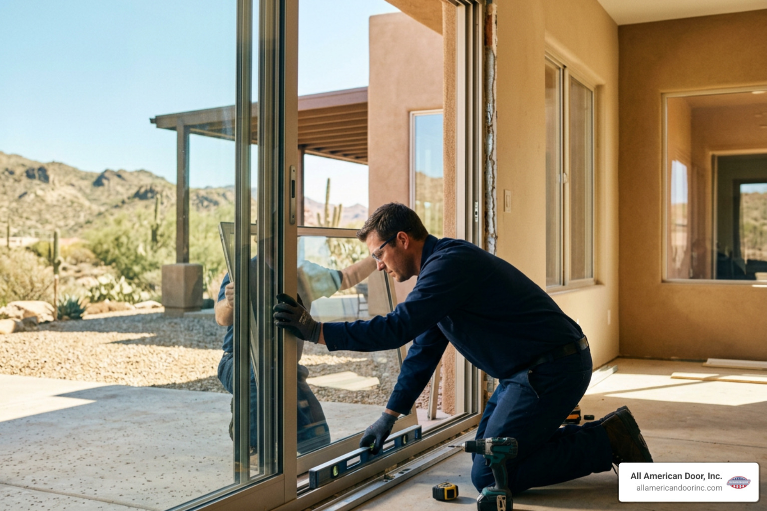 Professional technician finishing installation of a Milgard sliding patio door Professional technician finishing installation of a Milgard sliding patio door