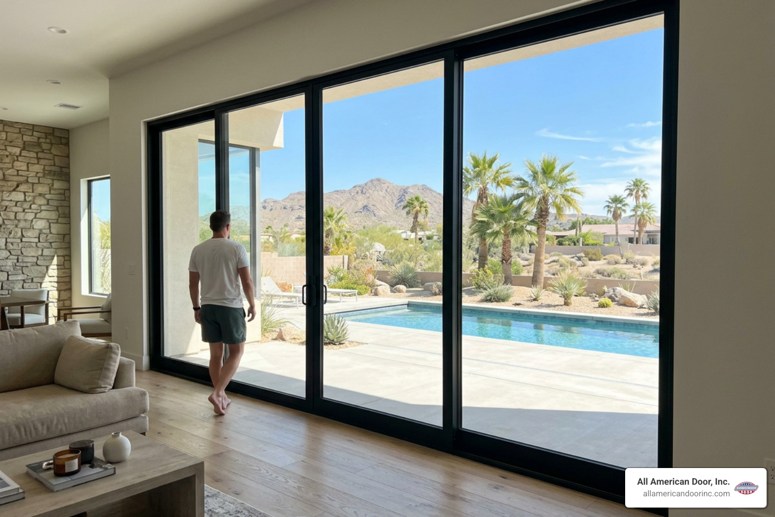 A completed installation of a Milgard sliding patio door in a Lake Havasu home showcasing clear views A completed installation of a Milgard sliding patio door in a Lake Havasu home showcasing clear views