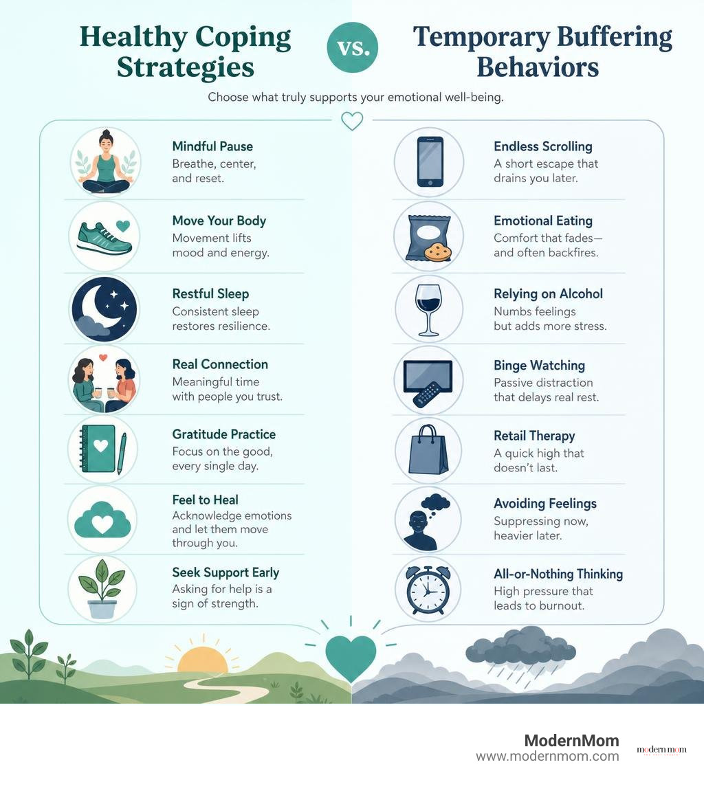 Healthy coping strategies vs. temporary buffering behaviors for emotional well-being infographic
