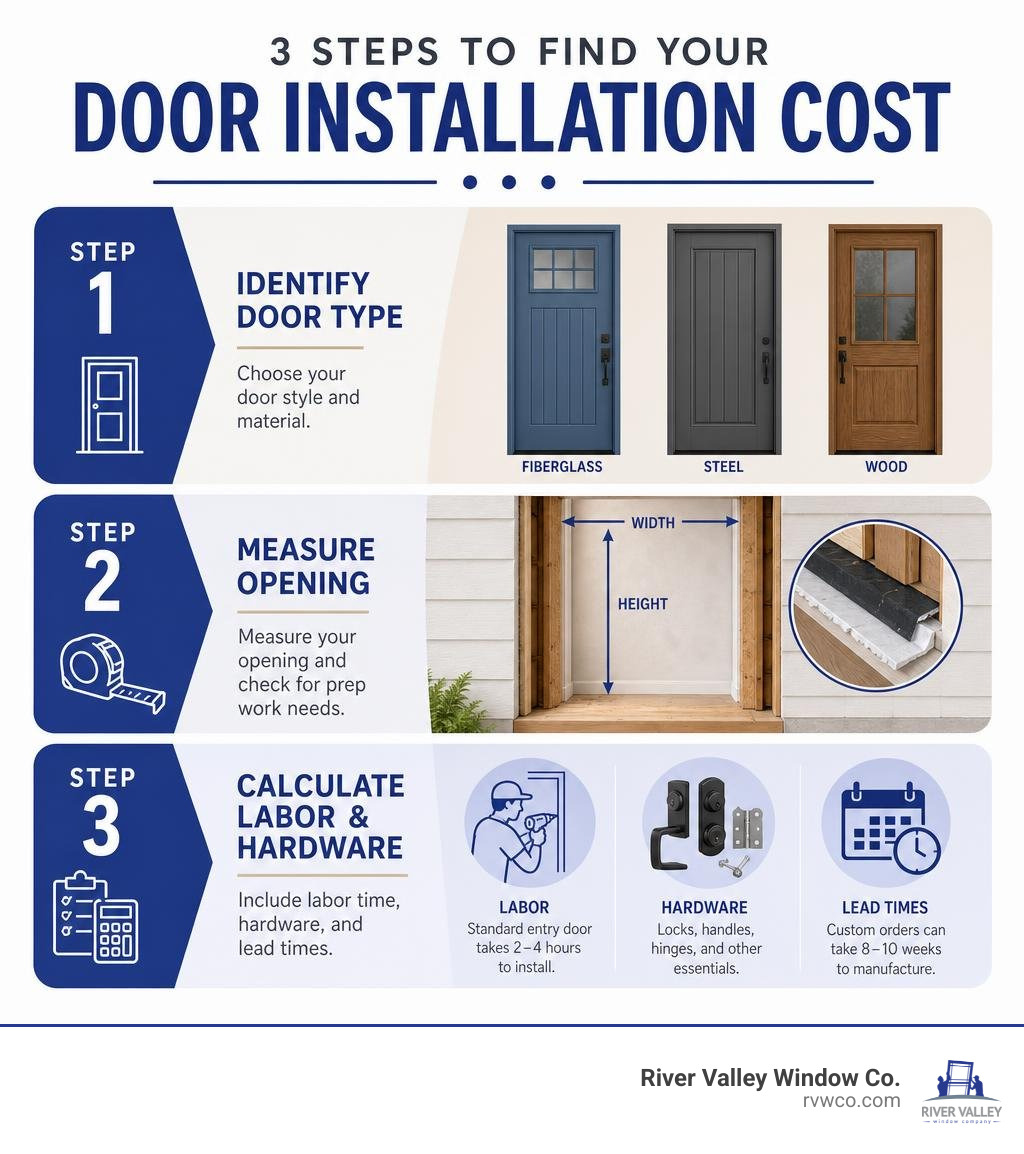 3 steps to find door installation cost: identify door type, measure opening, calculate labor and hardware infographic 3 steps to find door installation cost: identify door type, measure opening, calculate labor and hardware infographic