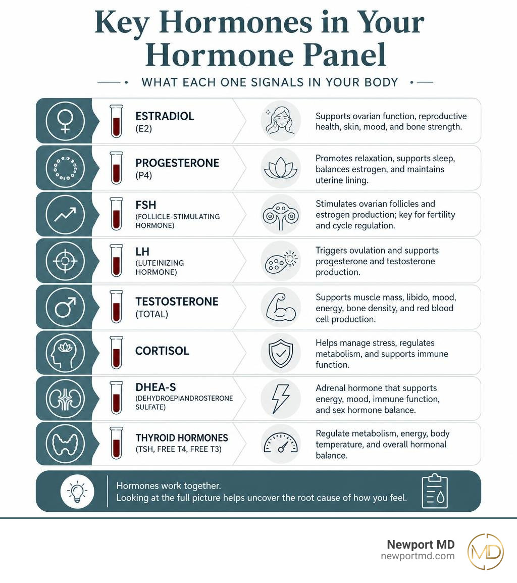 Infographic showing key hormones tested in a panel and what each one signals in the body infographic Infographic showing key hormones tested in a panel and what each one signals in the body infographic