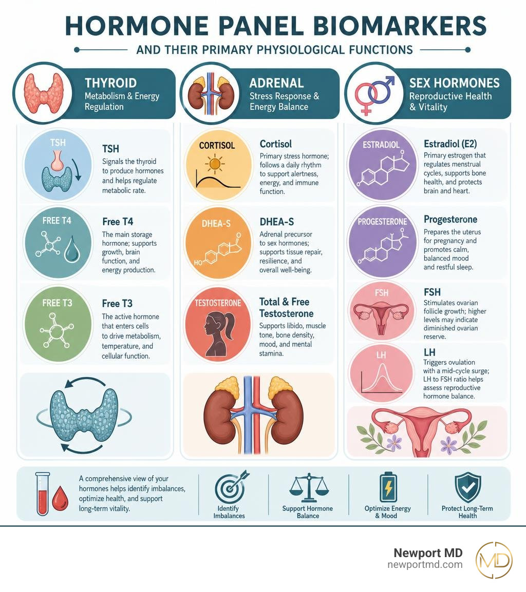 Infographic breaking down thyroid, adrenal, and sex hormone biomarkers and their primary physiological functions infographic Infographic breaking down thyroid, adrenal, and sex hormone biomarkers and their primary physiological functions infographic
