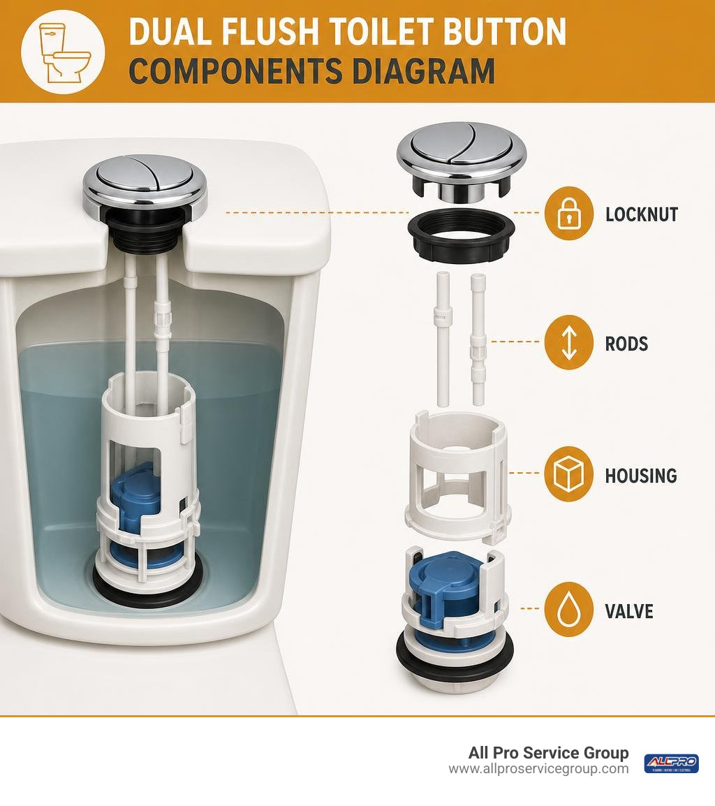 Dual flush toilet button components diagram with labels for locknut, rods, housing, and valve infographic