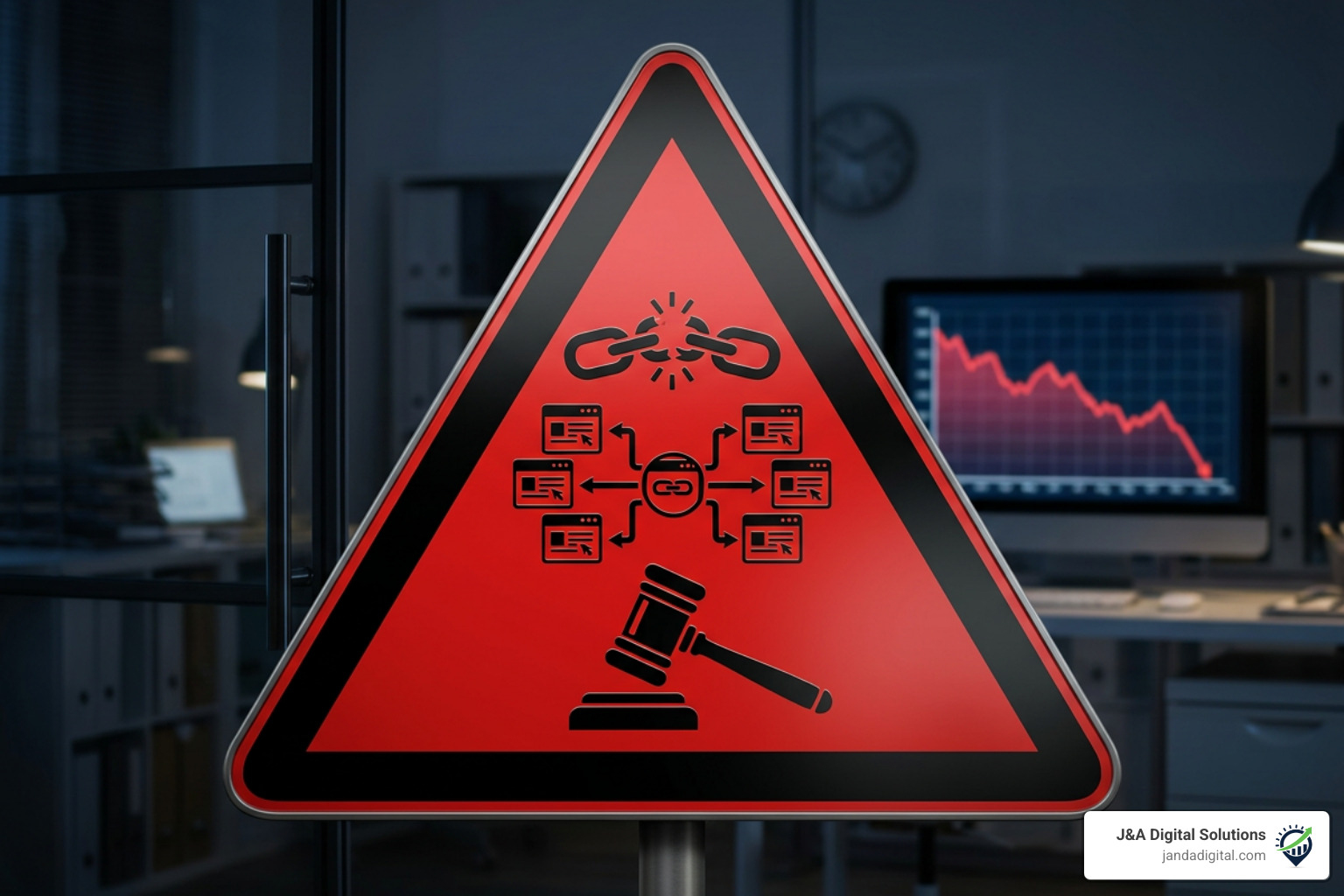 Warning graphic highlighting red flags in cheap SEO services, black-hat penalties, and automated links