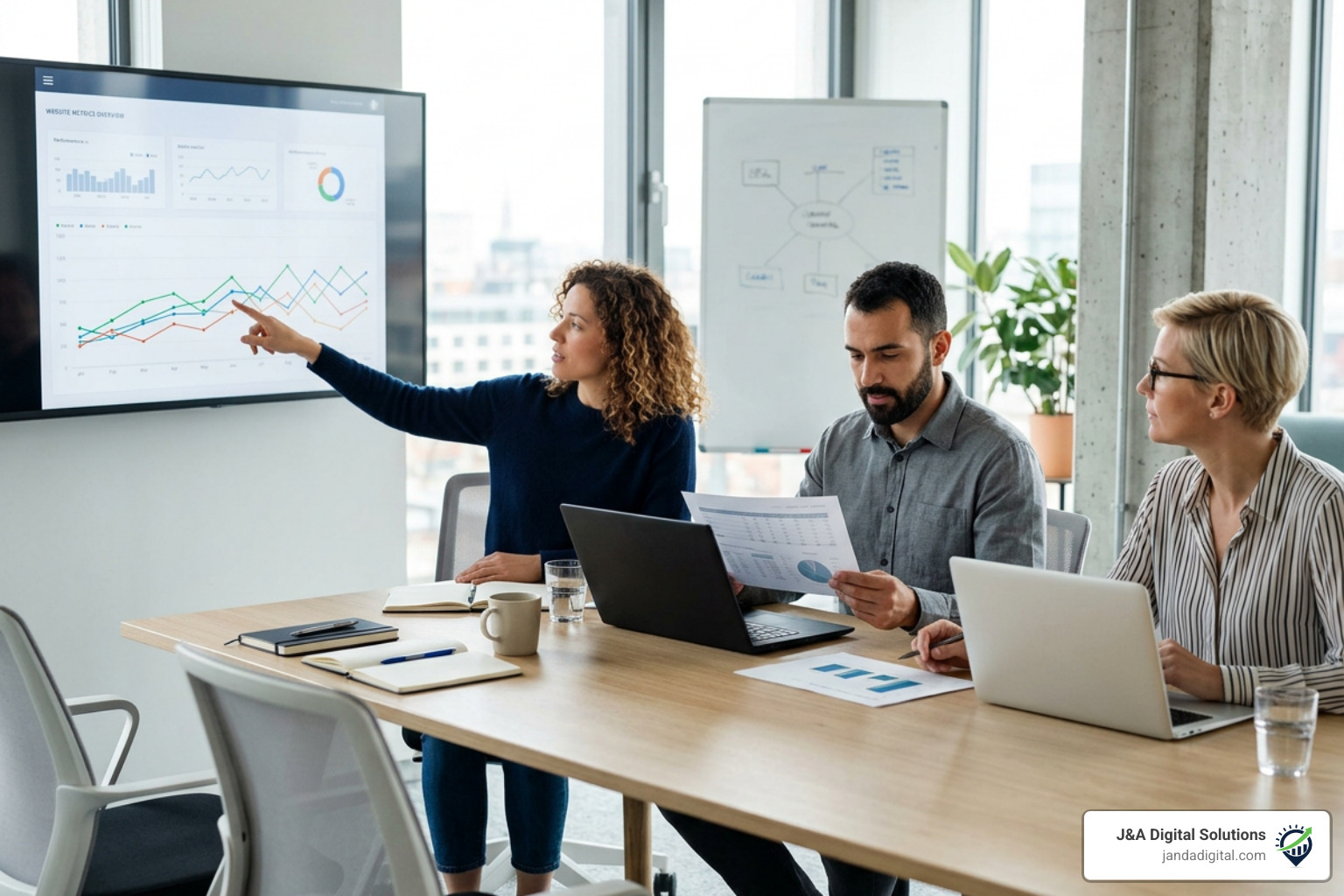 Marketing agency team analyzing website performance metrics and keyword rankings