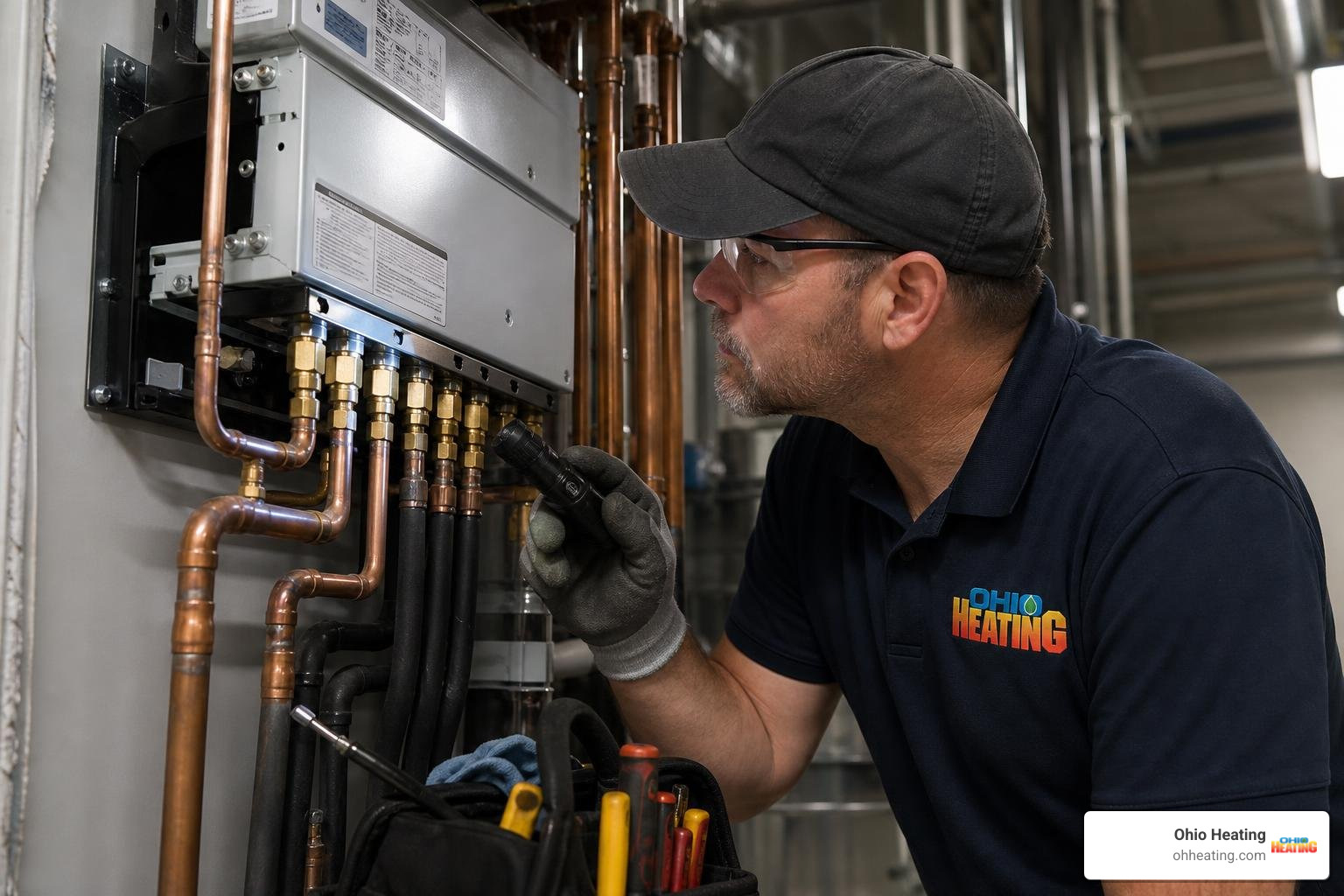 HVAC technician inspecting brazed line connections on a branch controller