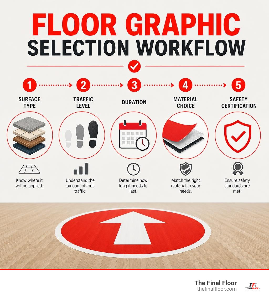 Floor graphic selection workflow: surface type, traffic level, duration, material choice, safety certification infographic Floor graphic selection workflow: surface type, traffic level, duration, material choice, safety certification infographic