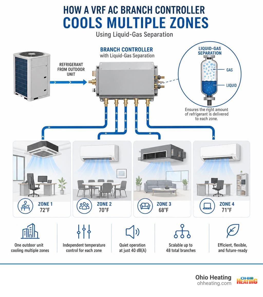 Infographic explaining how a VRF AC branch controller uses liquid-gas separation to cool multiple zones infographic