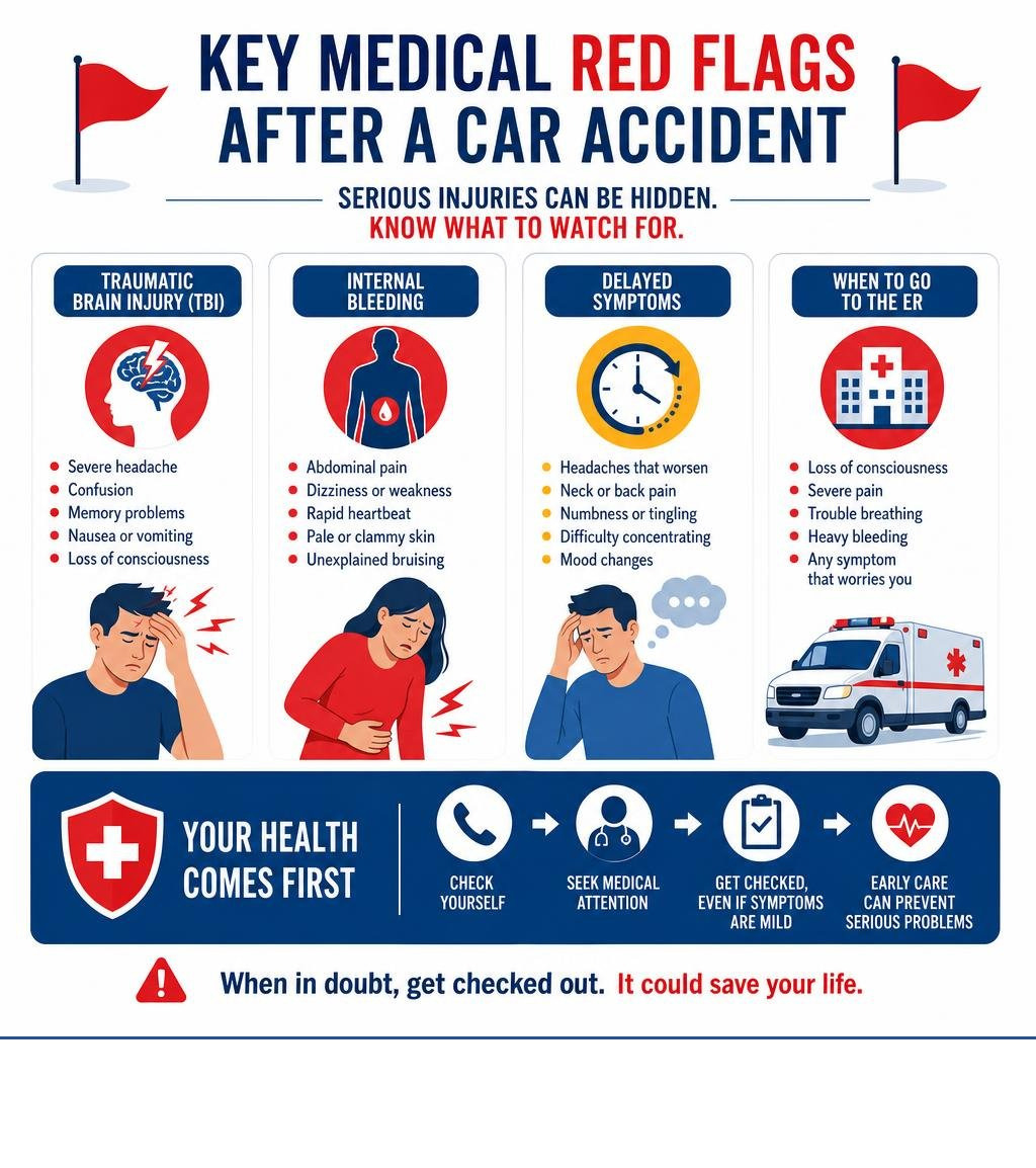 Key medical red flags after a car accident including TBI, internal bleeding, delayed symptoms, and when to go to the ER Key medical red flags after a car accident including TBI, internal bleeding, delayed symptoms, and when to go to the ER
