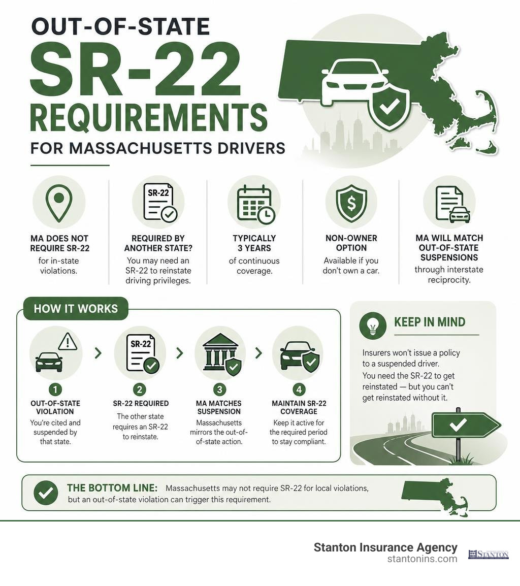 Infographic explaining out-of-state SR-22 requirements for Massachusetts drivers infographic Infographic explaining out-of-state SR-22 requirements for Massachusetts drivers infographic