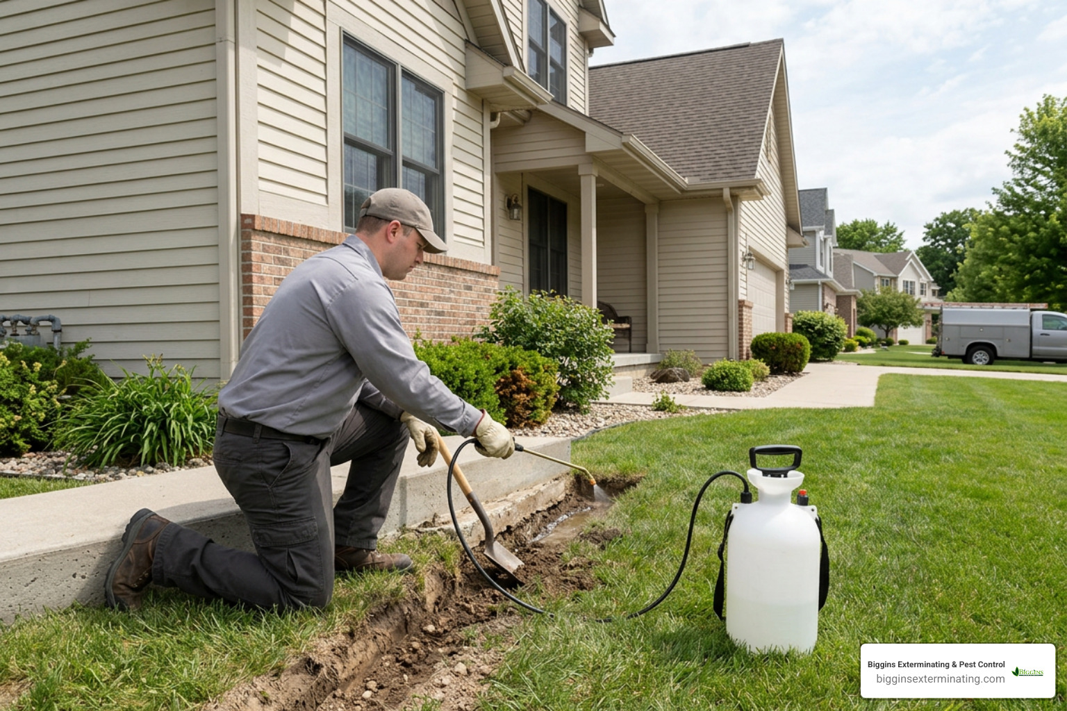 Pest control technician trenching chemical barrier around house foundation