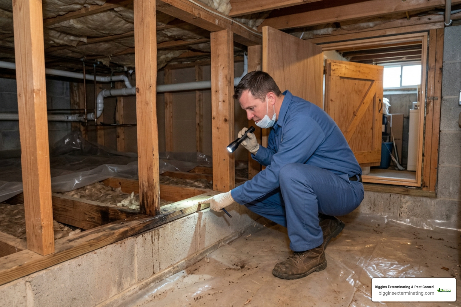 Pest exterminator conducting basement crawl space structural inspection