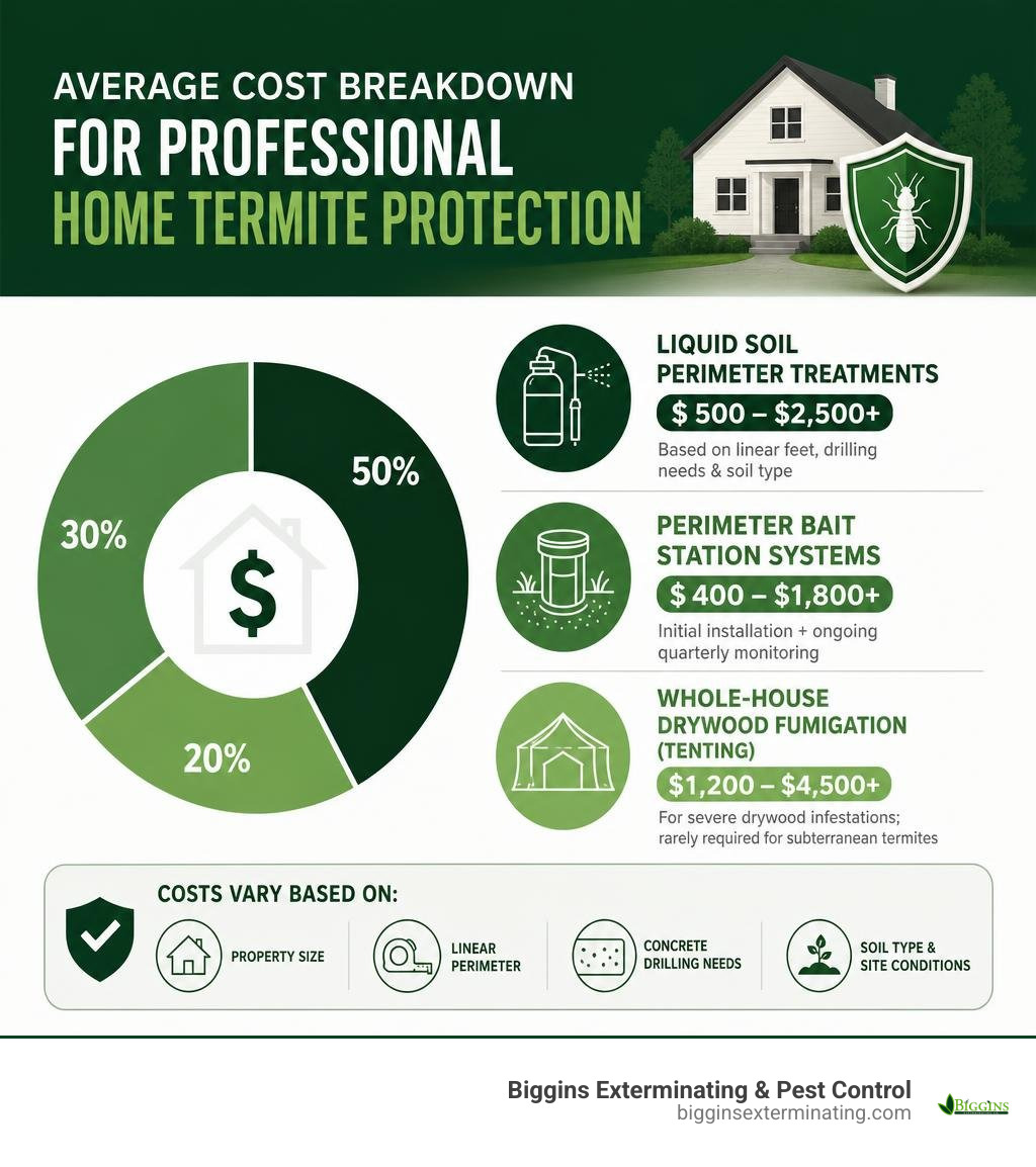Average cost breakdown for professional home termite protection infographic