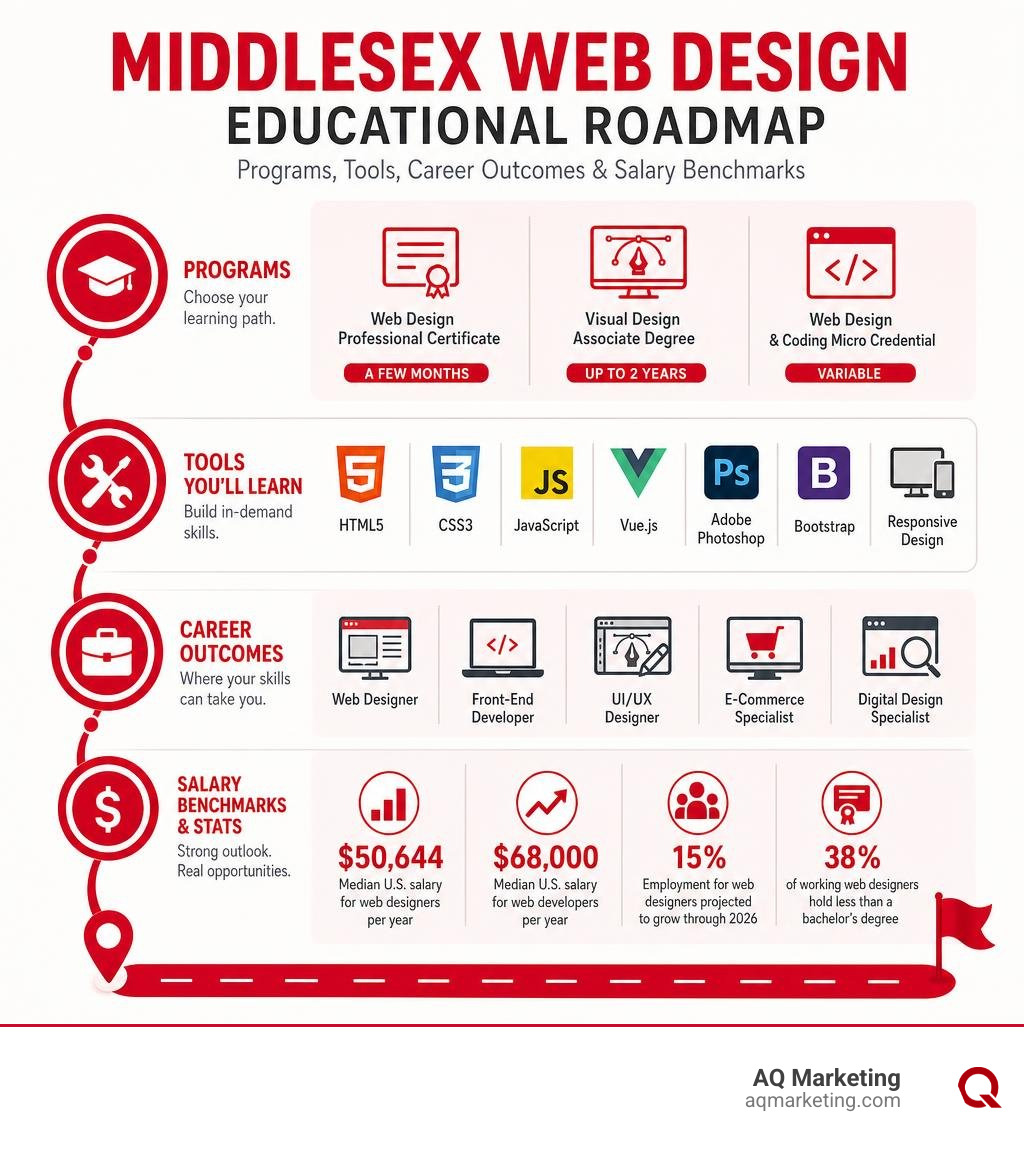 Middlesex web design educational roadmap: programs, tools, career outcomes, and salary benchmarks infographic Middlesex web design educational roadmap: programs, tools, career outcomes, and salary benchmarks infographic