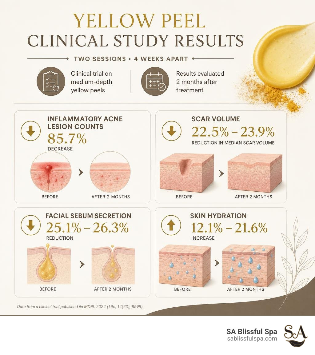 infographic showing yellow peel clinical study results on scar volume and sebum reduction infographic