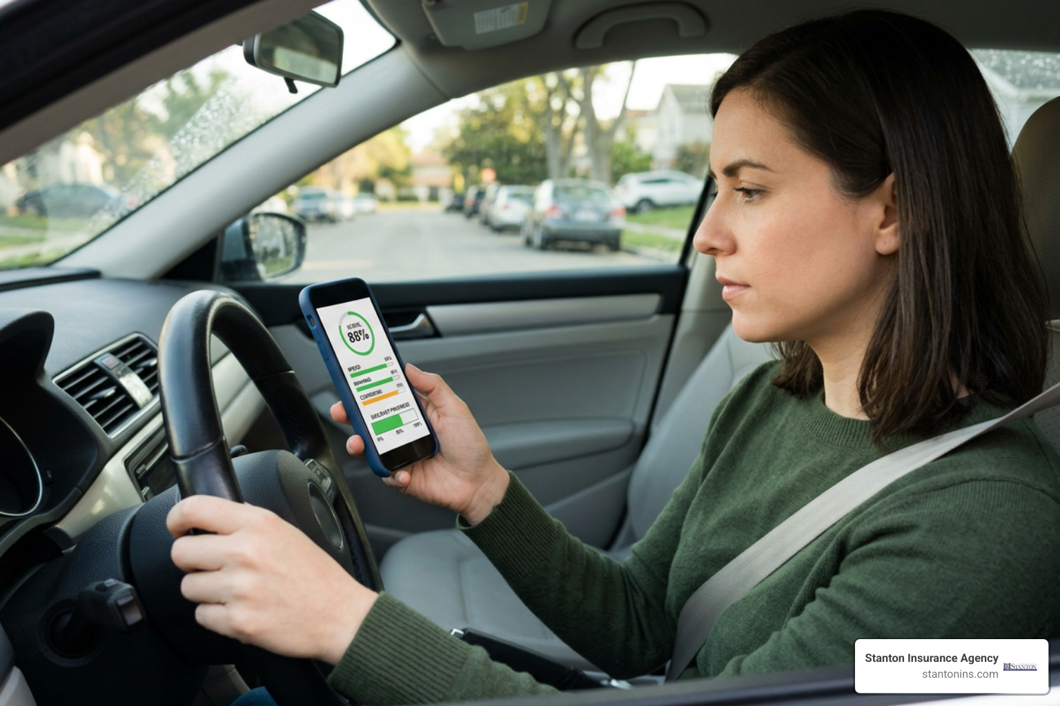 A driver reviewing telematics driving scores and tracking policy discount progress on a smartphone app A driver reviewing telematics driving scores and tracking policy discount progress on a smartphone app