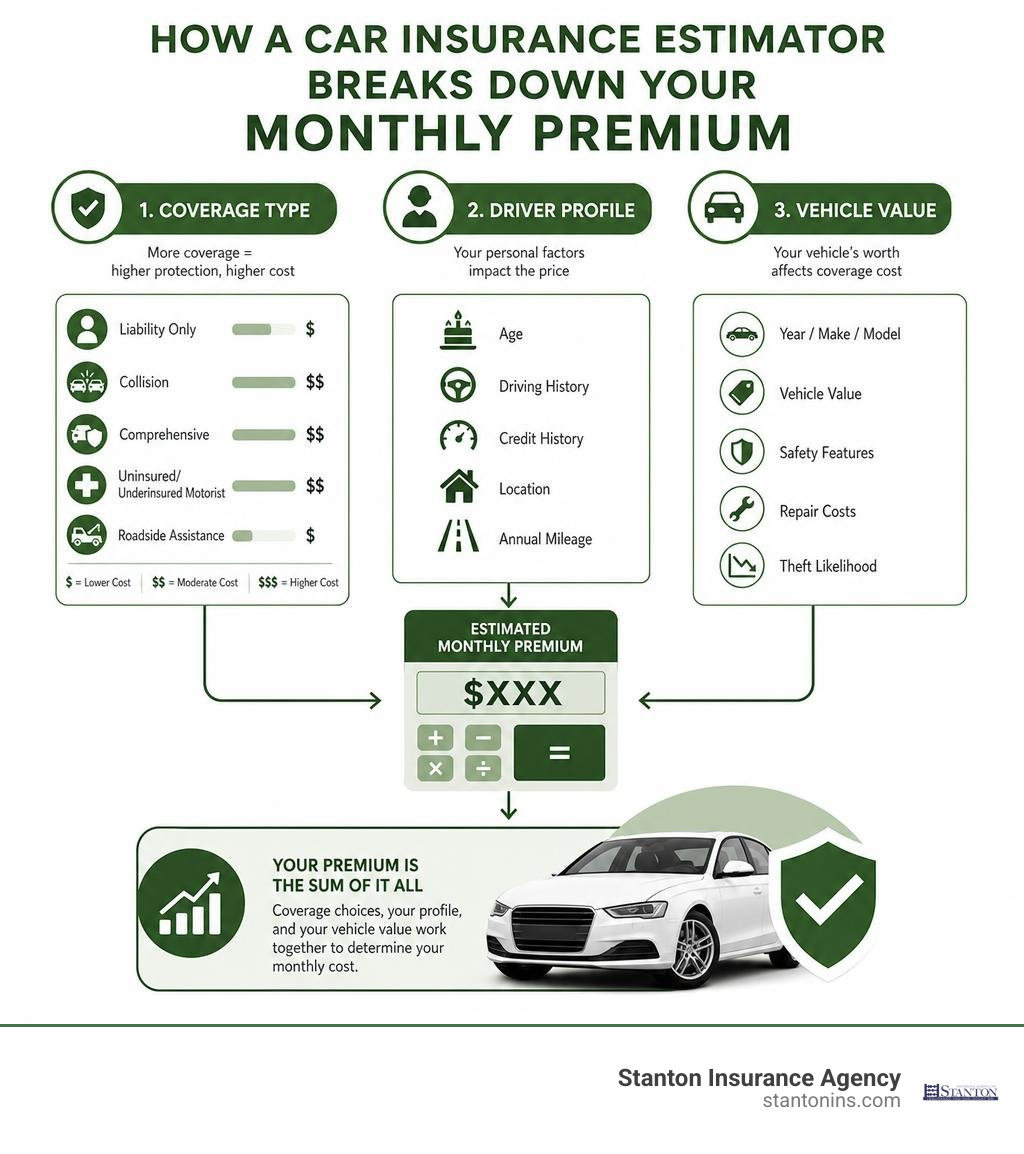 Infographic showing how a car insurance estimator breaks down monthly premium costs by coverage type, driver profile, and Infographic showing how a car insurance estimator breaks down monthly premium costs by coverage type, driver profile, and