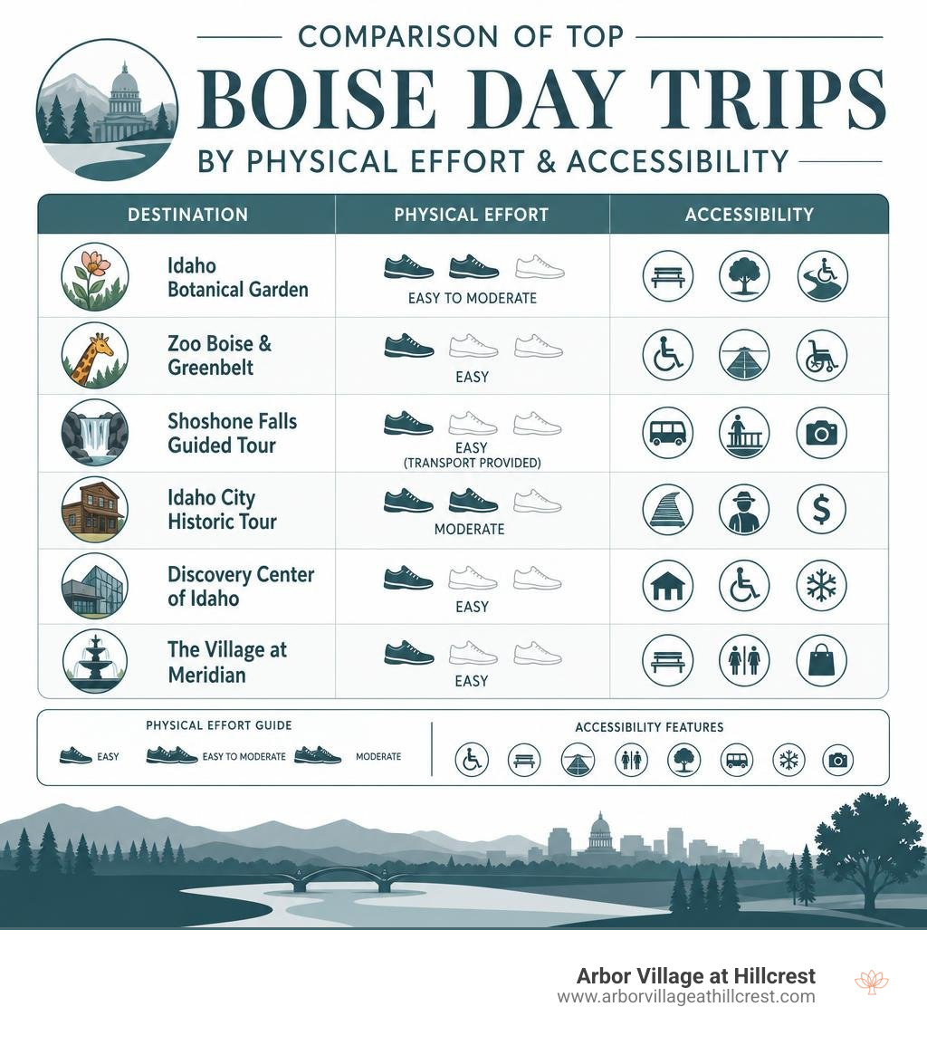 Comparison of top Boise day trips by physical effort and accessibility infographic Comparison of top Boise day trips by physical effort and accessibility infographic