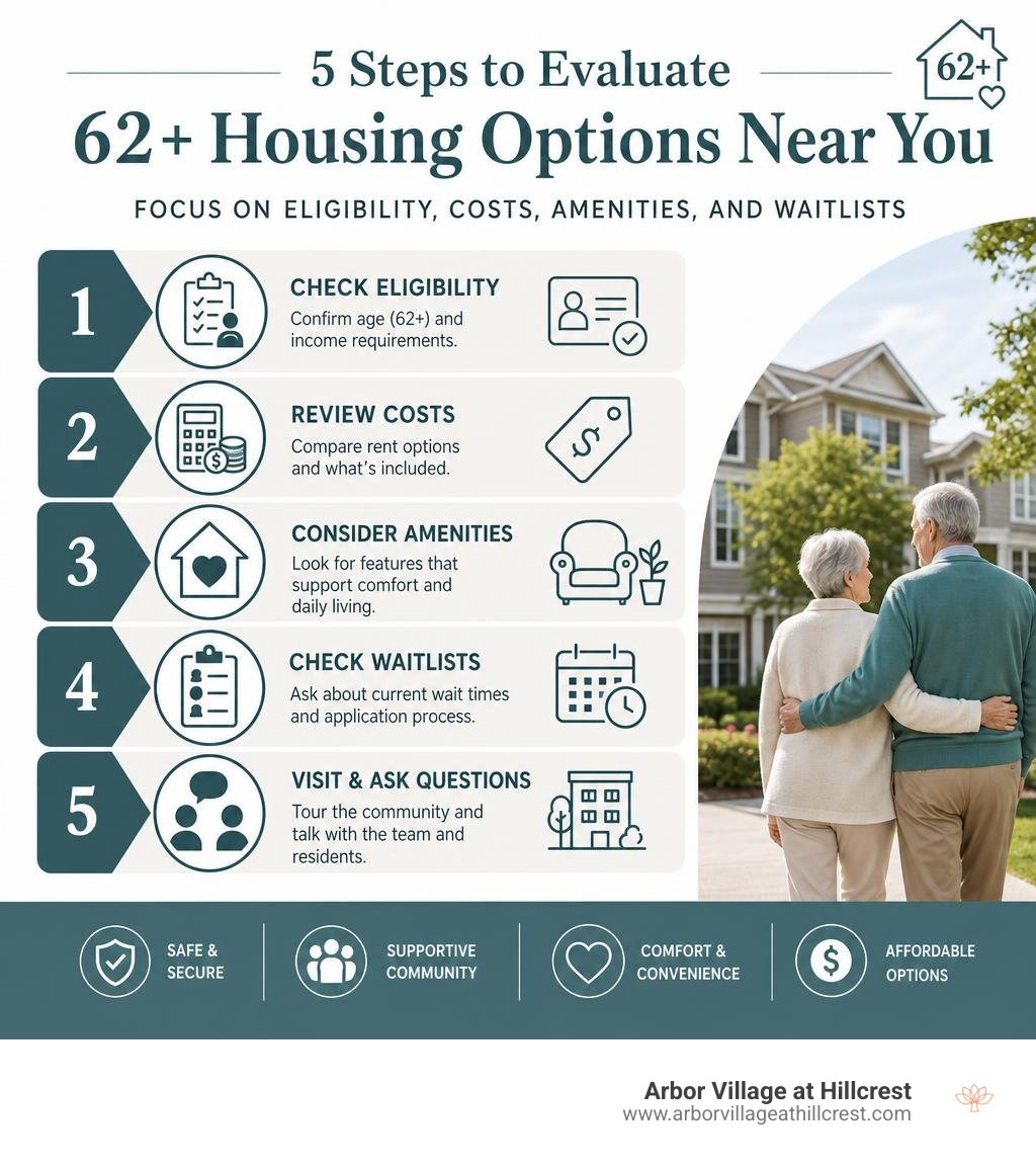 Steps to evaluate 62+ housing options near you including eligibility, costs, amenities, and waitlists infographic