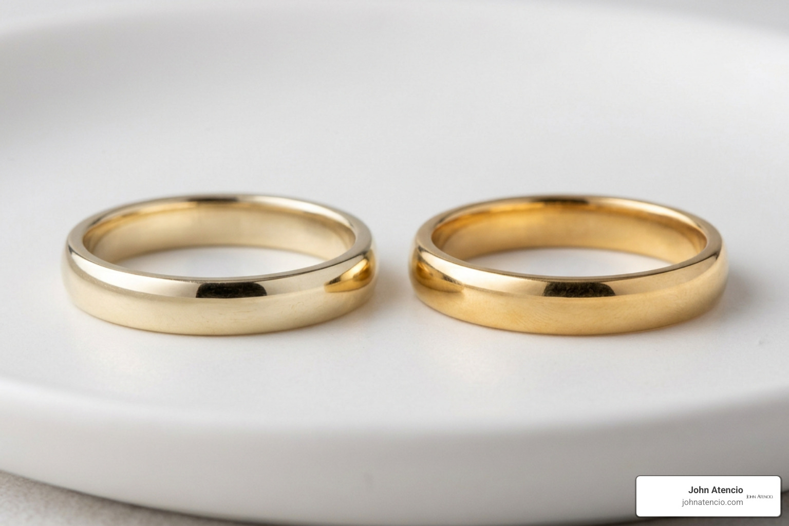 14K and 18K yellow gold rings side by side showing rich yellow vs lighter yellow hue 14K and 18K yellow gold rings side by side showing rich yellow vs lighter yellow hue