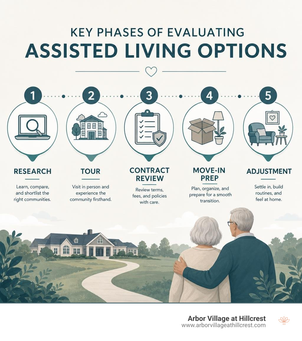 Key phases of evaluating assisted living options: research, tour, contract review, move-in prep, adjustment infographic Key phases of evaluating assisted living options: research, tour, contract review, move-in prep, adjustment infographic