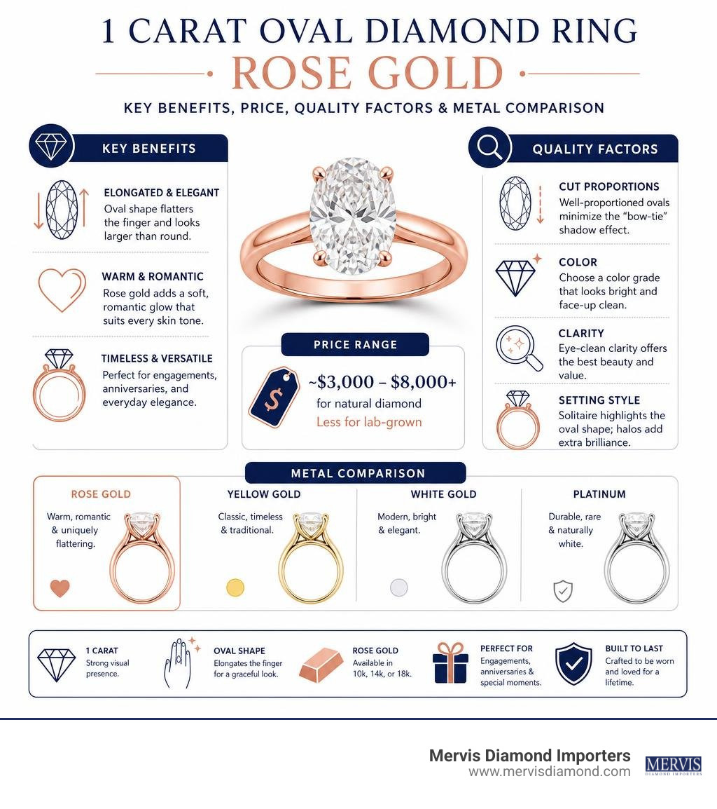 Infographic: 1 carat oval diamond ring rose gold — key benefits, price, quality factors, and metal comparison infographic Infographic: 1 carat oval diamond ring rose gold — key benefits, price, quality factors, and metal comparison infographic