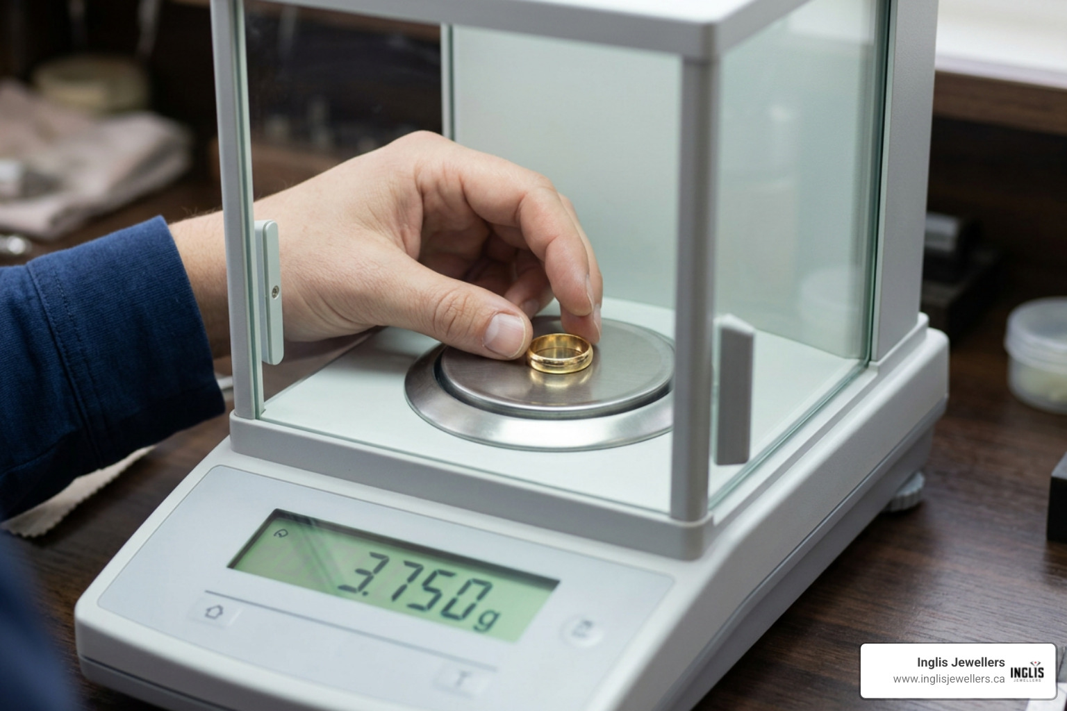 Accurately weighing a gold ring on a high-precision digital scale
