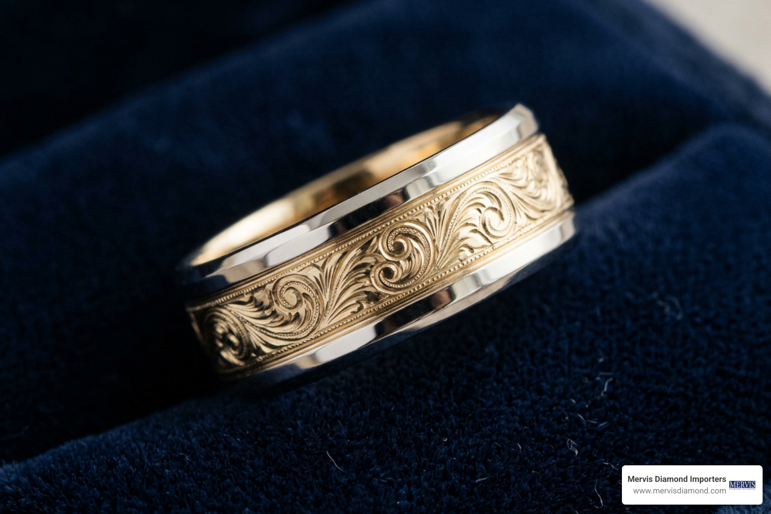 Custom hand-engraved wide 10mm wedding band with two-tone gold detailing Custom hand-engraved wide 10mm wedding band with two-tone gold detailing