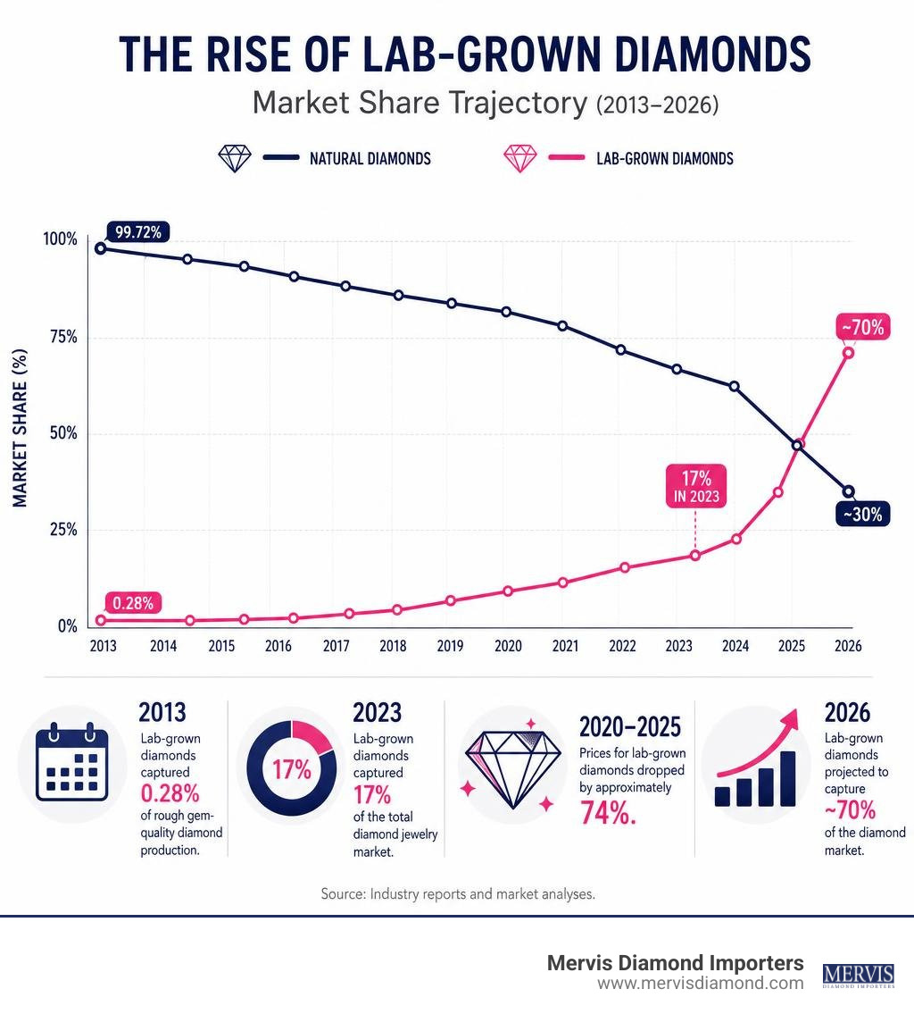 Market share trajectory of lab-grown diamonds versus natural diamonds from 2013 to 2026 infographic Market share trajectory of lab-grown diamonds versus natural diamonds from 2013 to 2026 infographic