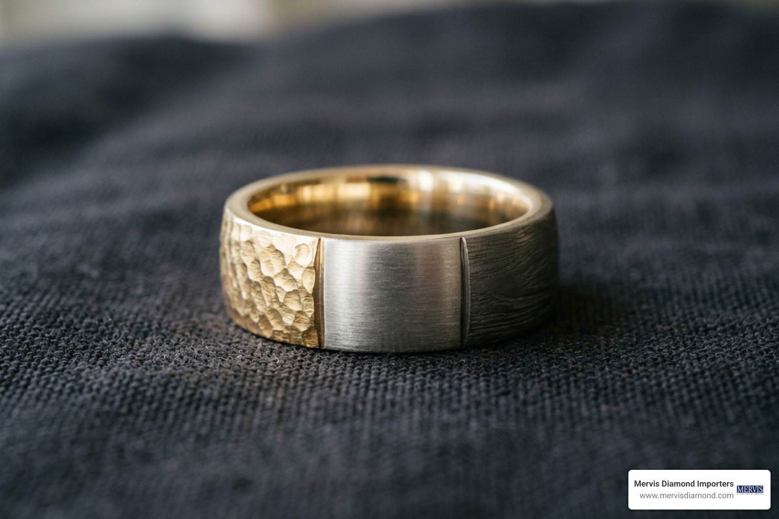 Textured, brushed, and hammered metal finishes on a wide men's band profile Textured, brushed, and hammered metal finishes on a wide men's band profile