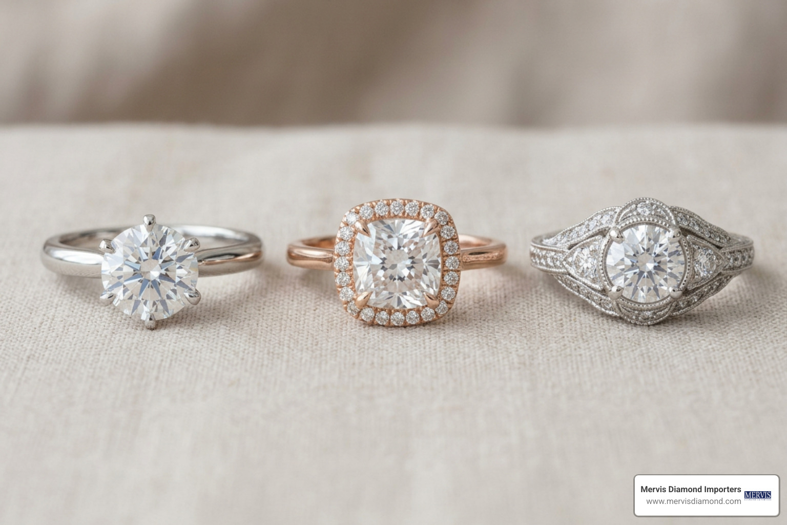 Diverse engagement ring settings showcasing lab grown diamonds in solitaire, halo, and pave bands