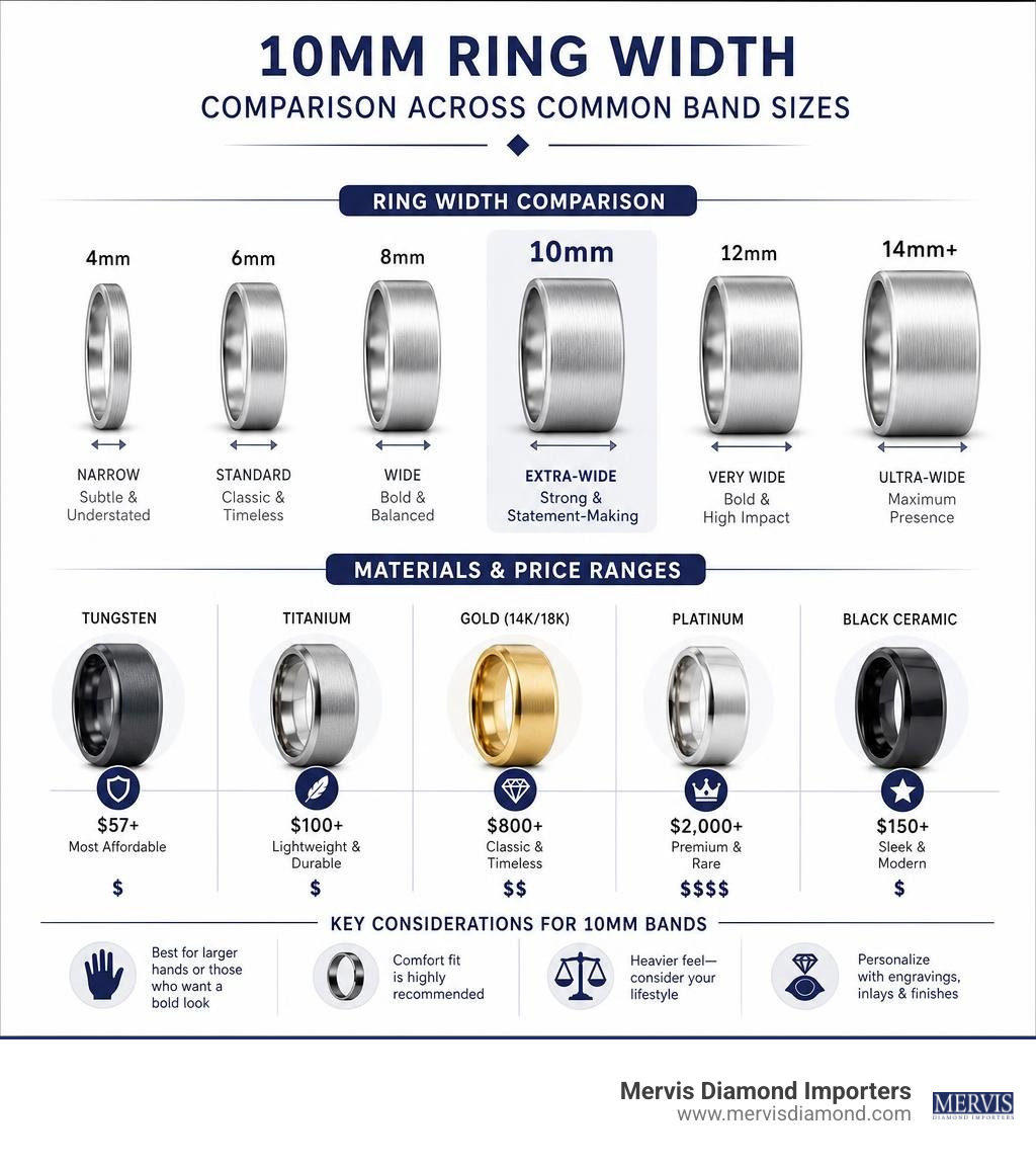 Infographic showing 10mm ring width comparison across common band sizes with material and price ranges infographic Infographic showing 10mm ring width comparison across common band sizes with material and price ranges infographic