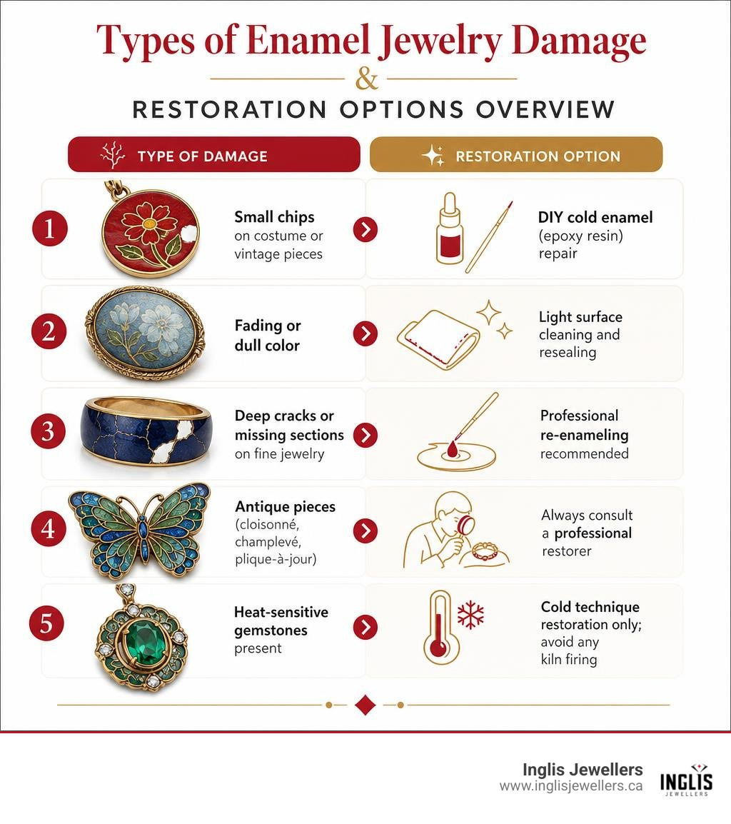 Types of enamel jewelry damage and restoration options overview infographic Types of enamel jewelry damage and restoration options overview infographic