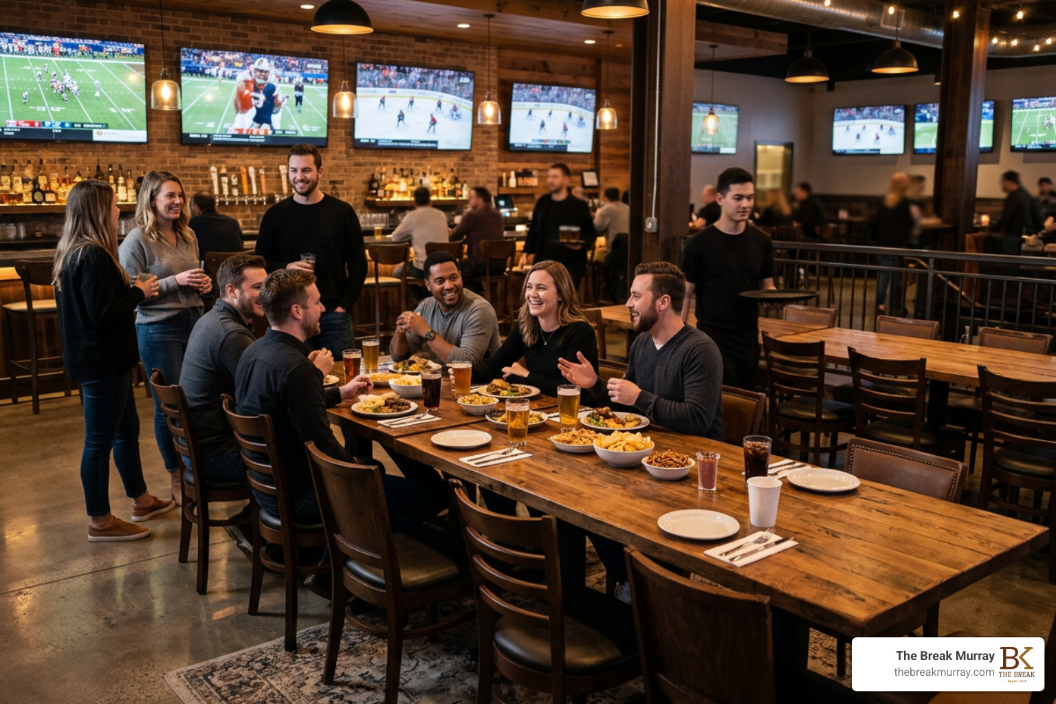 Spacious group seating area arranged for a private gathering or corporate watch party