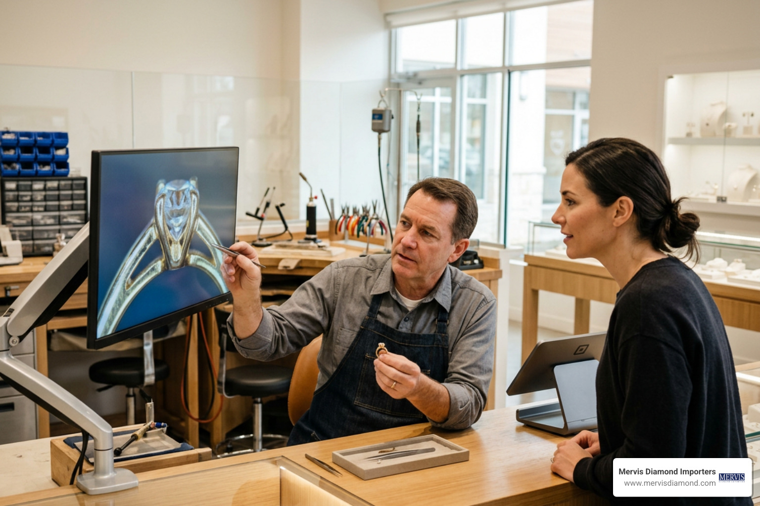 customer consulting with bench jeweler customer consulting with bench jeweler