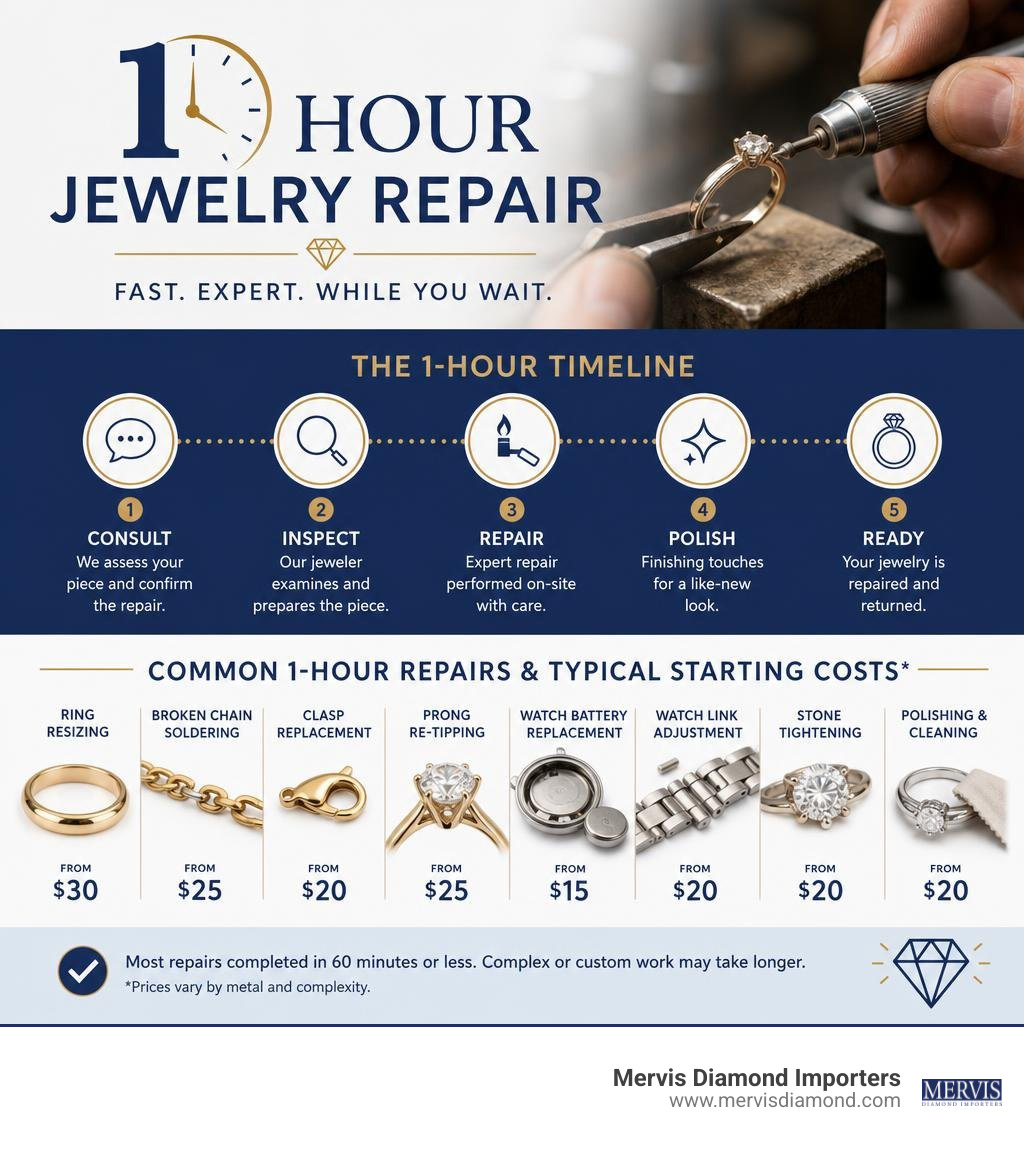 Infographic showing 1-hour jewelry repair services, timeline, and typical starting costs infographic Infographic showing 1-hour jewelry repair services, timeline, and typical starting costs infographic