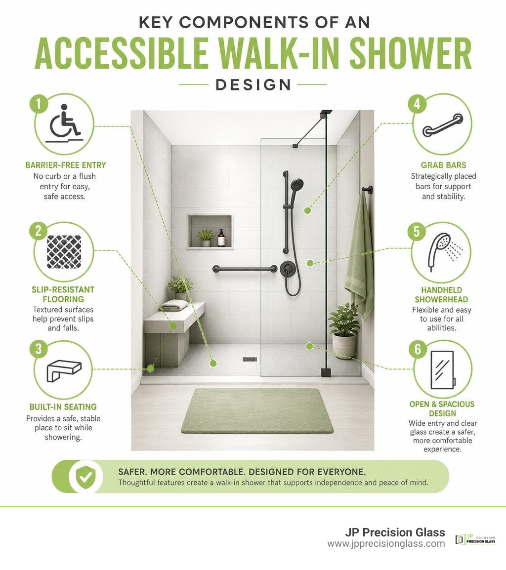 Key components of an accessible walk-in shower design infographic infographic Key components of an accessible walk-in shower design infographic infographic