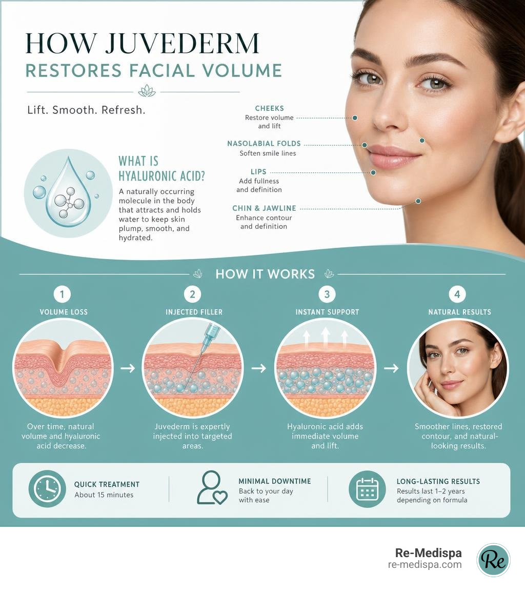 How Juvederm restores facial volume, showing areas treated and how hyaluronic acid works infographic